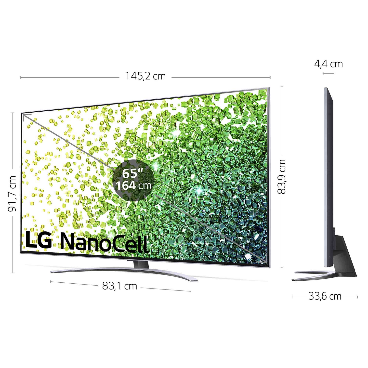 TV LG NanoCell, pantalla 65 pulgadas, con dimensiones.