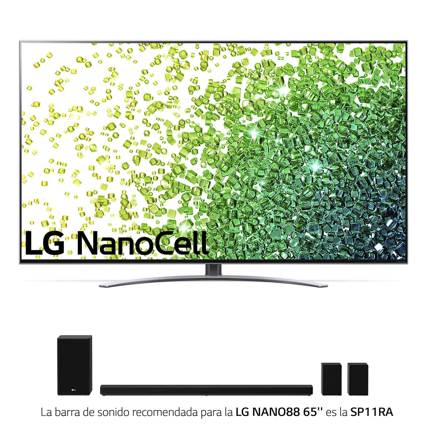 TV LG NanoCell con barra de sonido y dos altavoces debajo. La pantalla muestra un diseño abstracto verde y blanco.