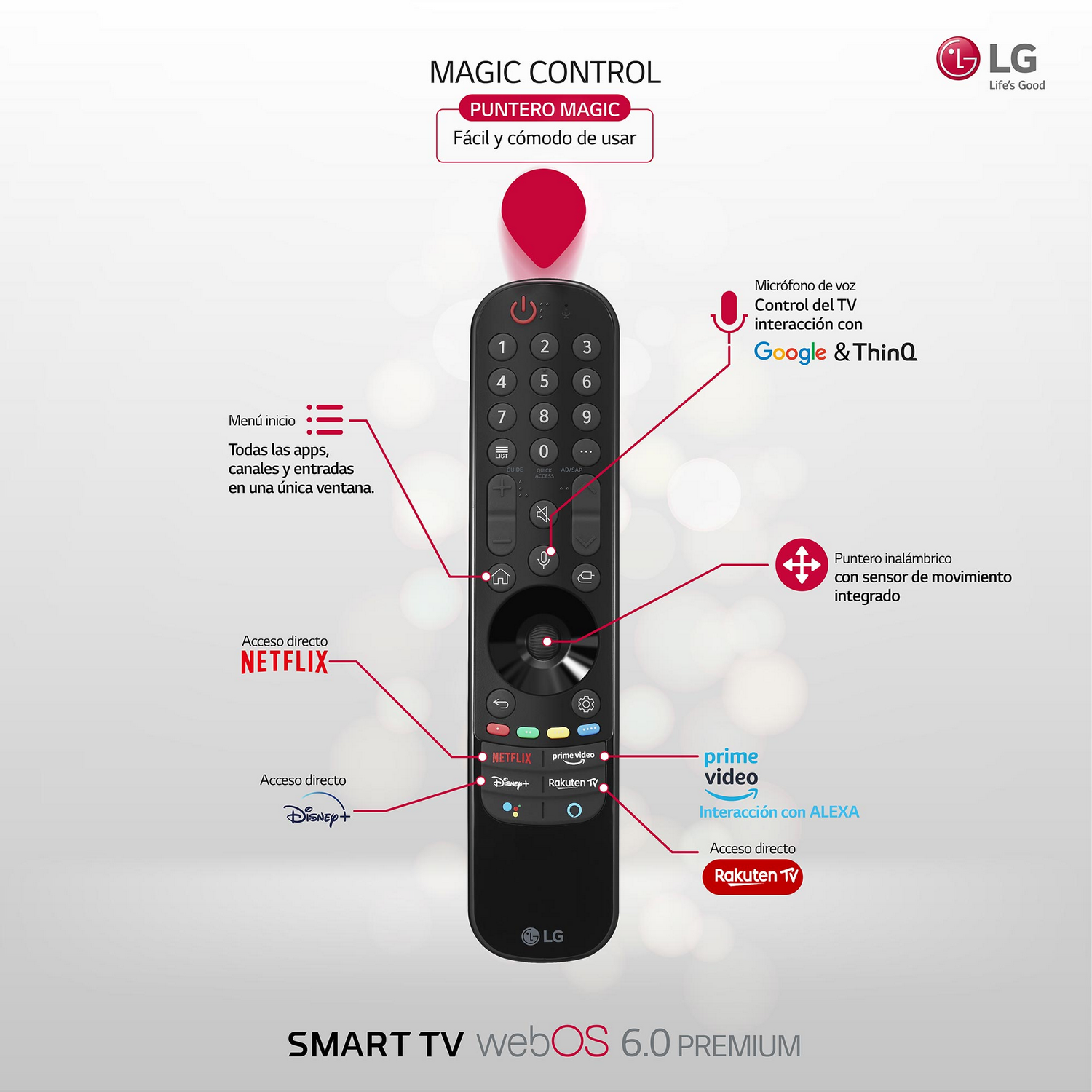 Mando a distancia LG con botones y etiquetas. Cuenta con accesos directos a Netflix, Disney+, Prime Video y Rakuten TV.