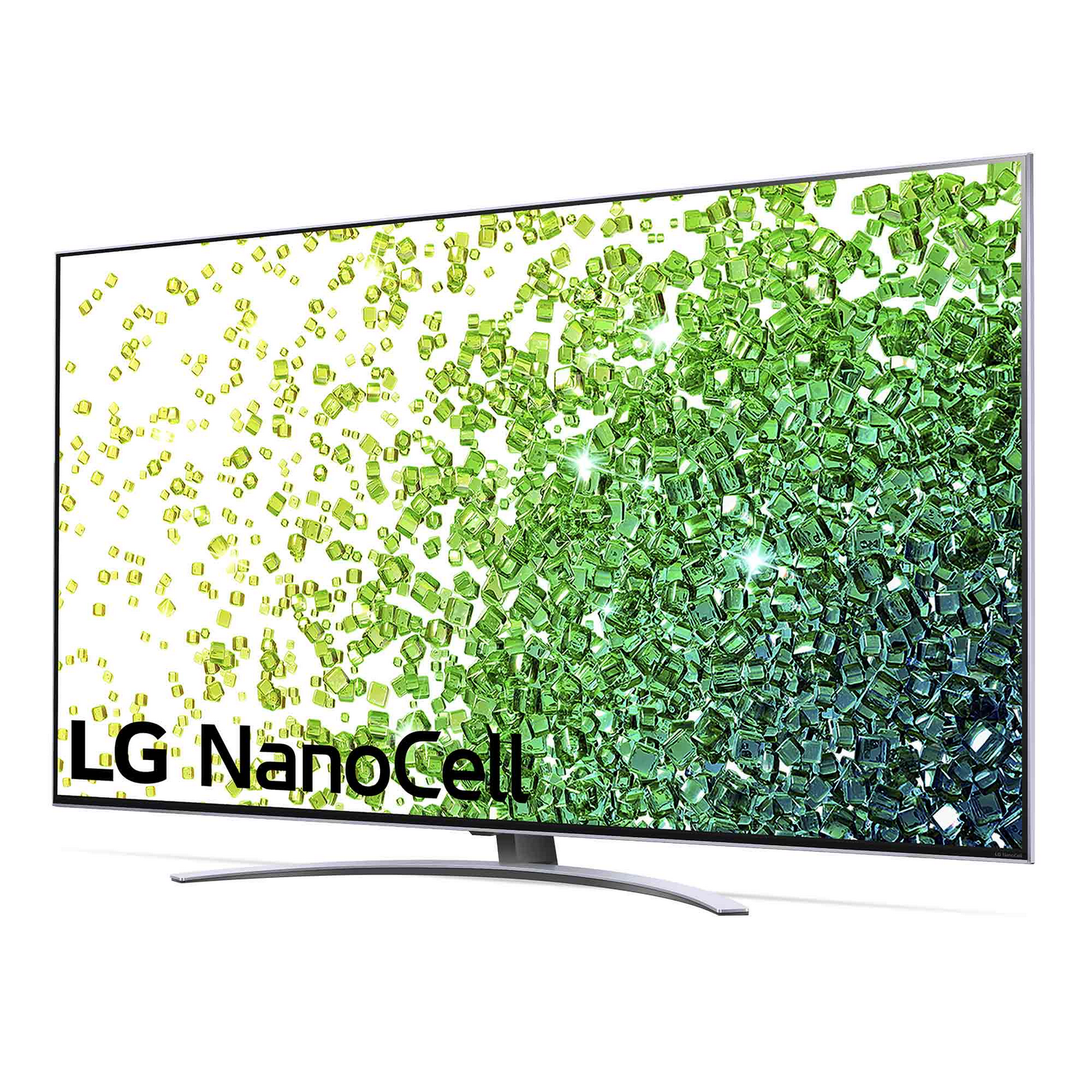 Un televisor LG NanoCell grande que muestra un patrón abstracto verde y blanco.