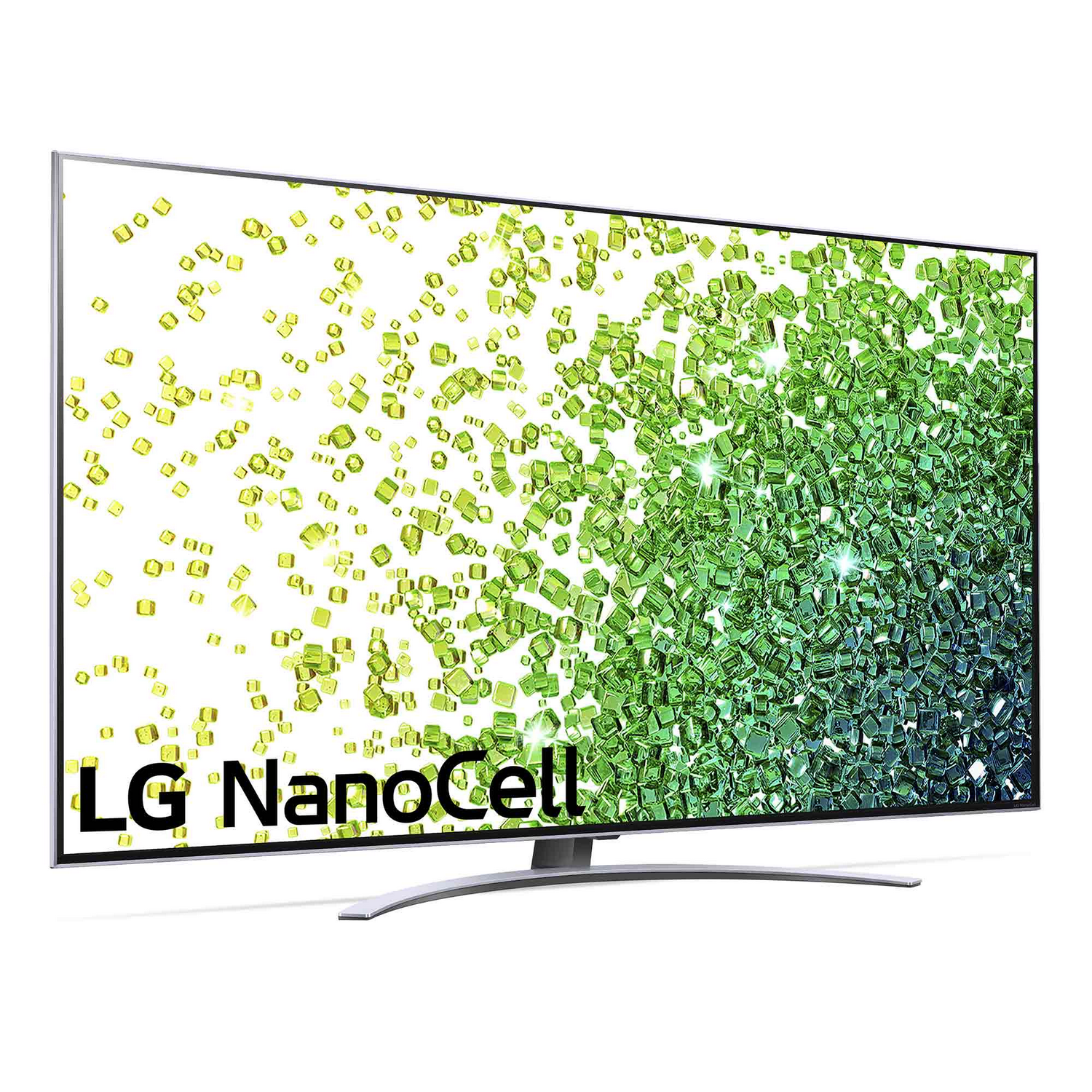 TV LG Nanocell mostrando un vibrante patrón abstracto verde y amarillo sobre fondo blanco.