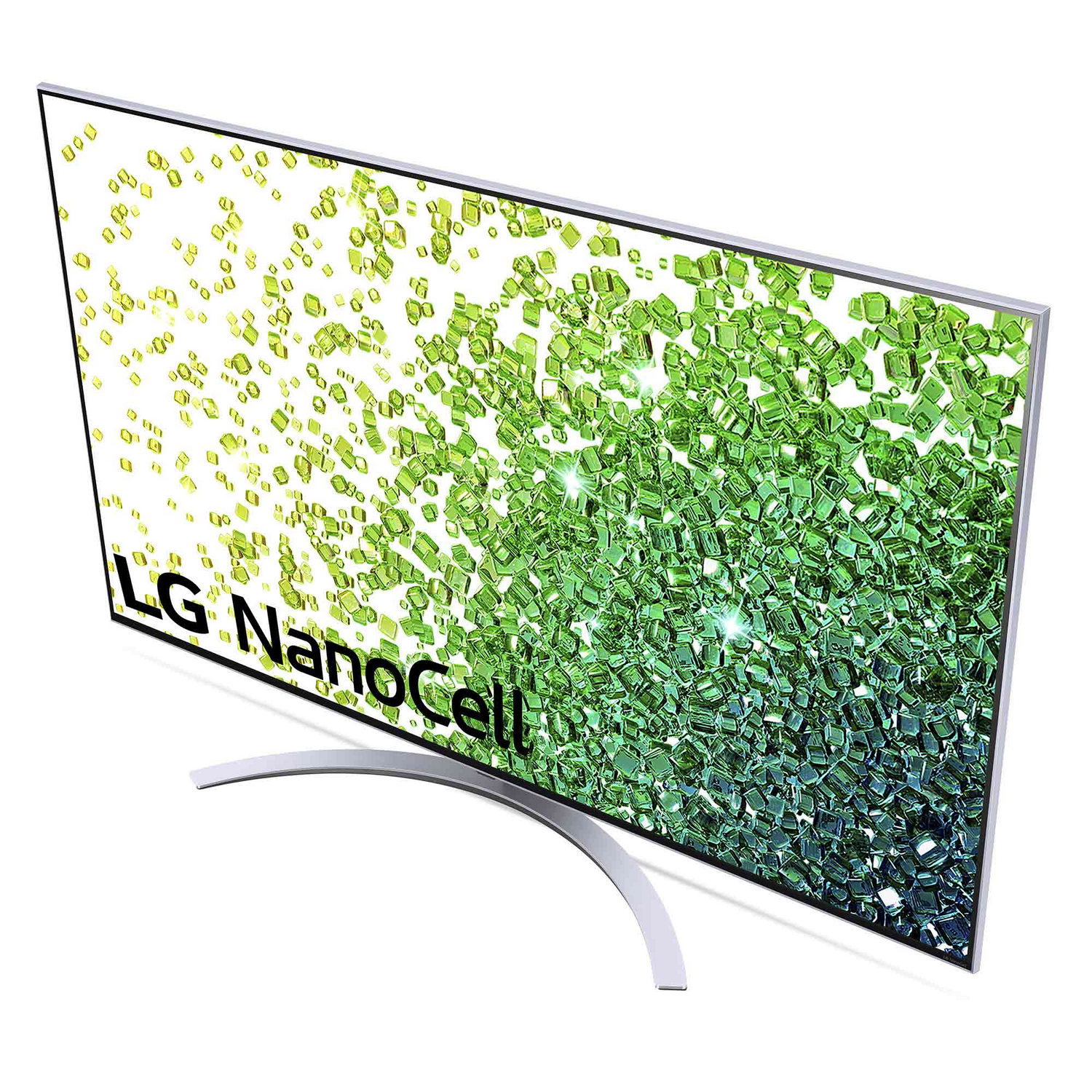 Un gran televisor LG Nanocell, desde una vista en ángulo, con un fondo abstracto colorido.