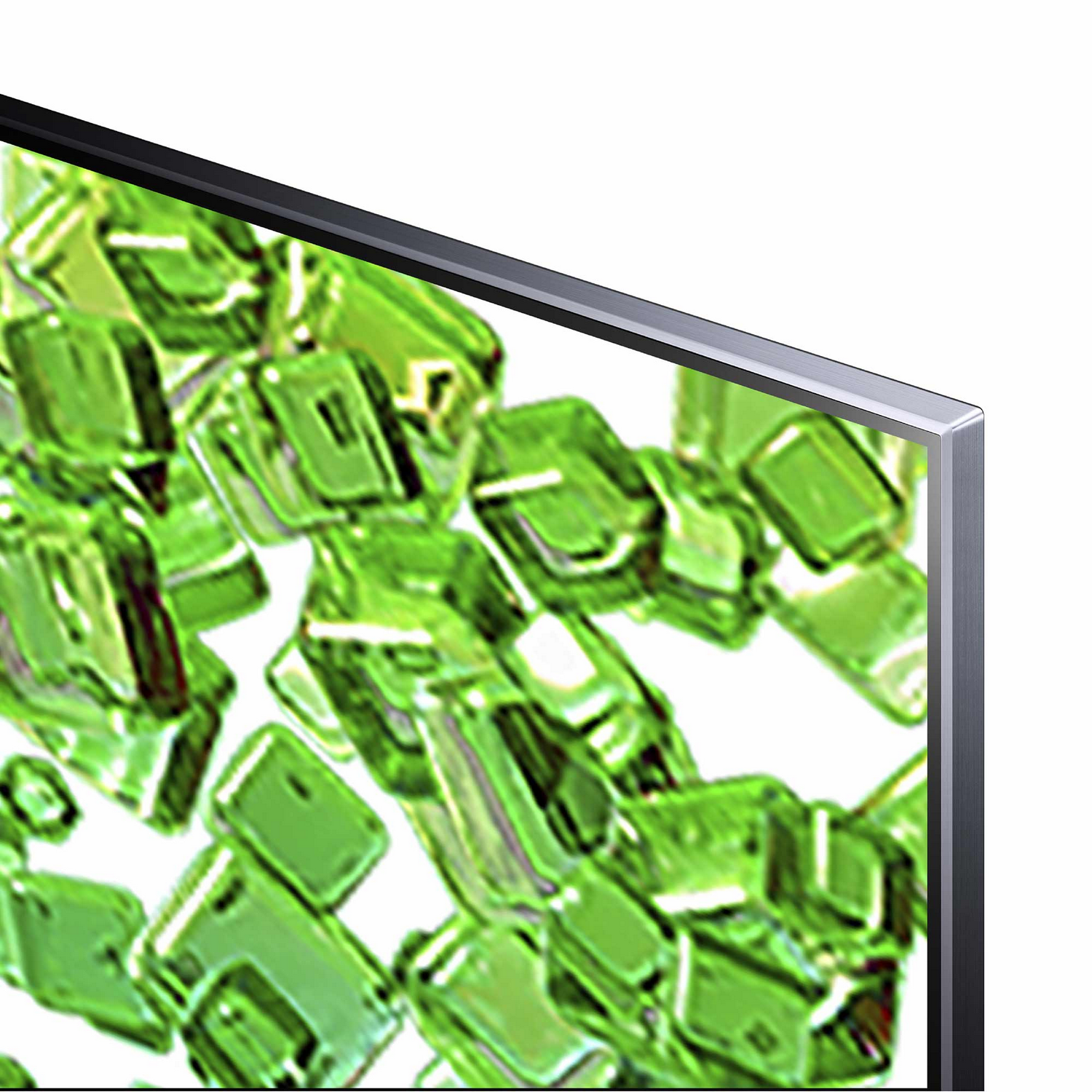Primer plano de una esquina de pantalla de TV. La pantalla muestra formas verdes sobre fondo blanco.