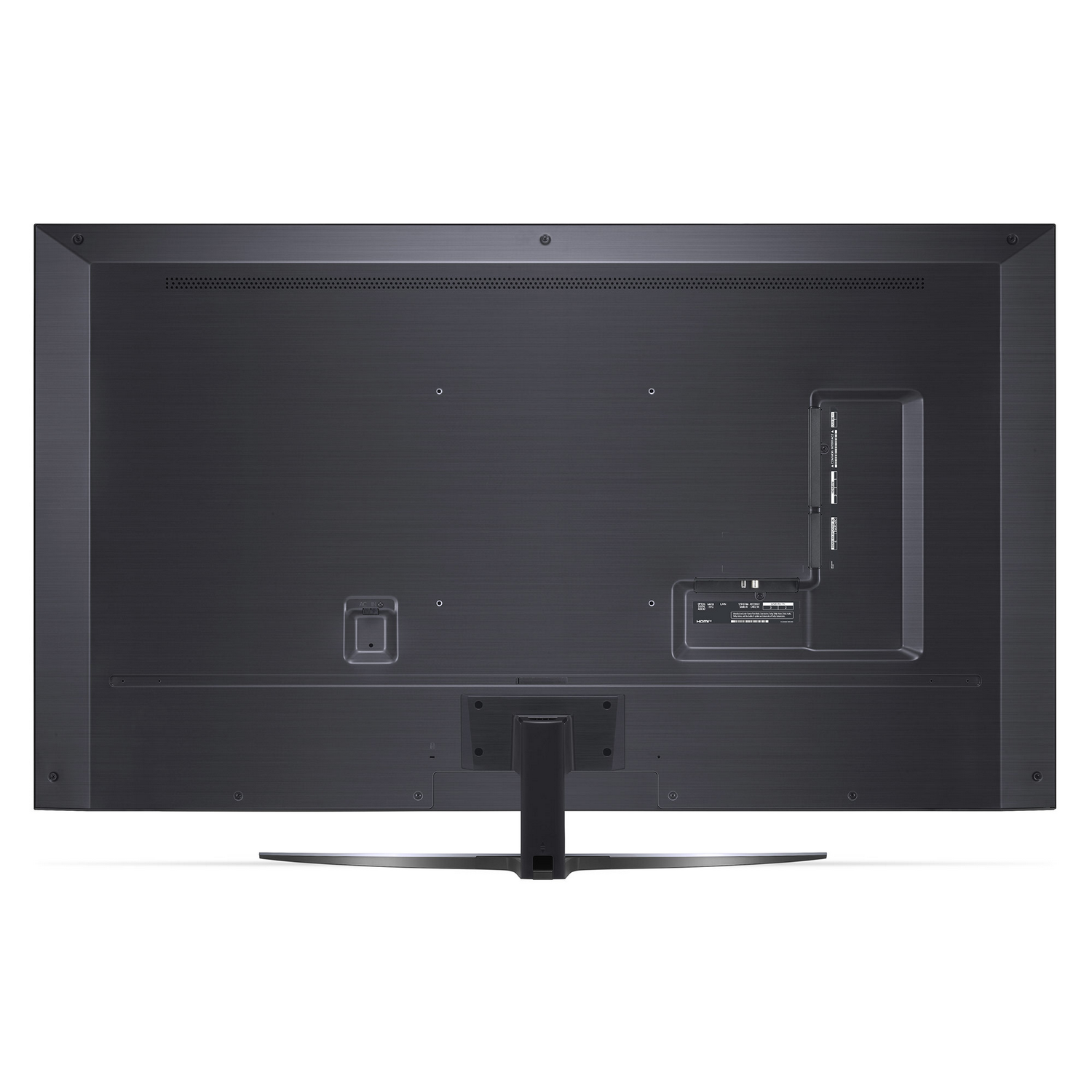 Parte trasera de un televisor LG negro con puertos y soporte. El televisor tiene un acabado de metal cepillado.