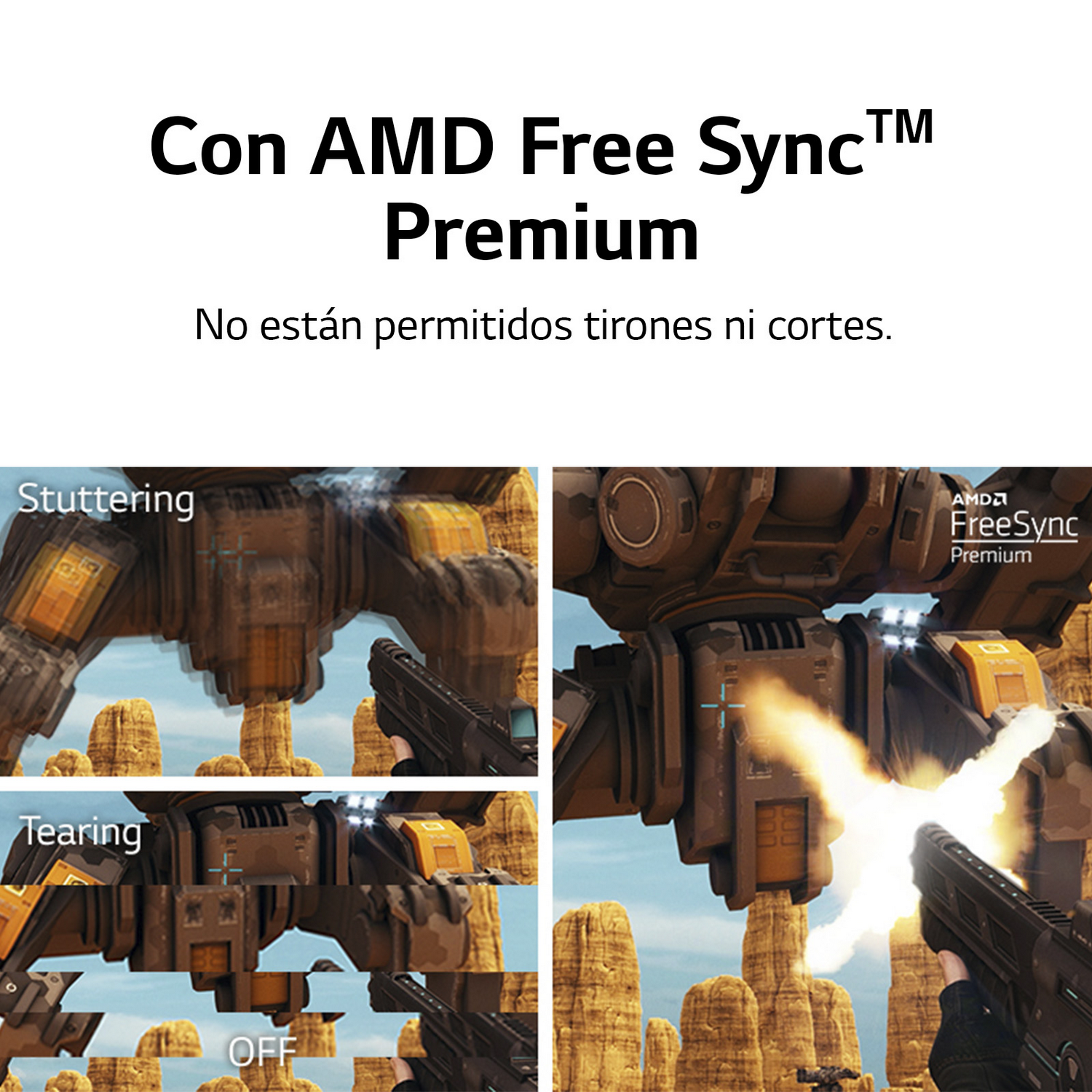 Gráficos que muestran tartamudeo y desgarro, con texto AMD FreeSync Premium.