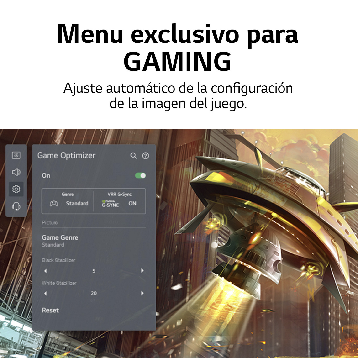 Pantalla mostrando ajustes del juego, con imagen de nave espacial futurista. Fondo blanco.