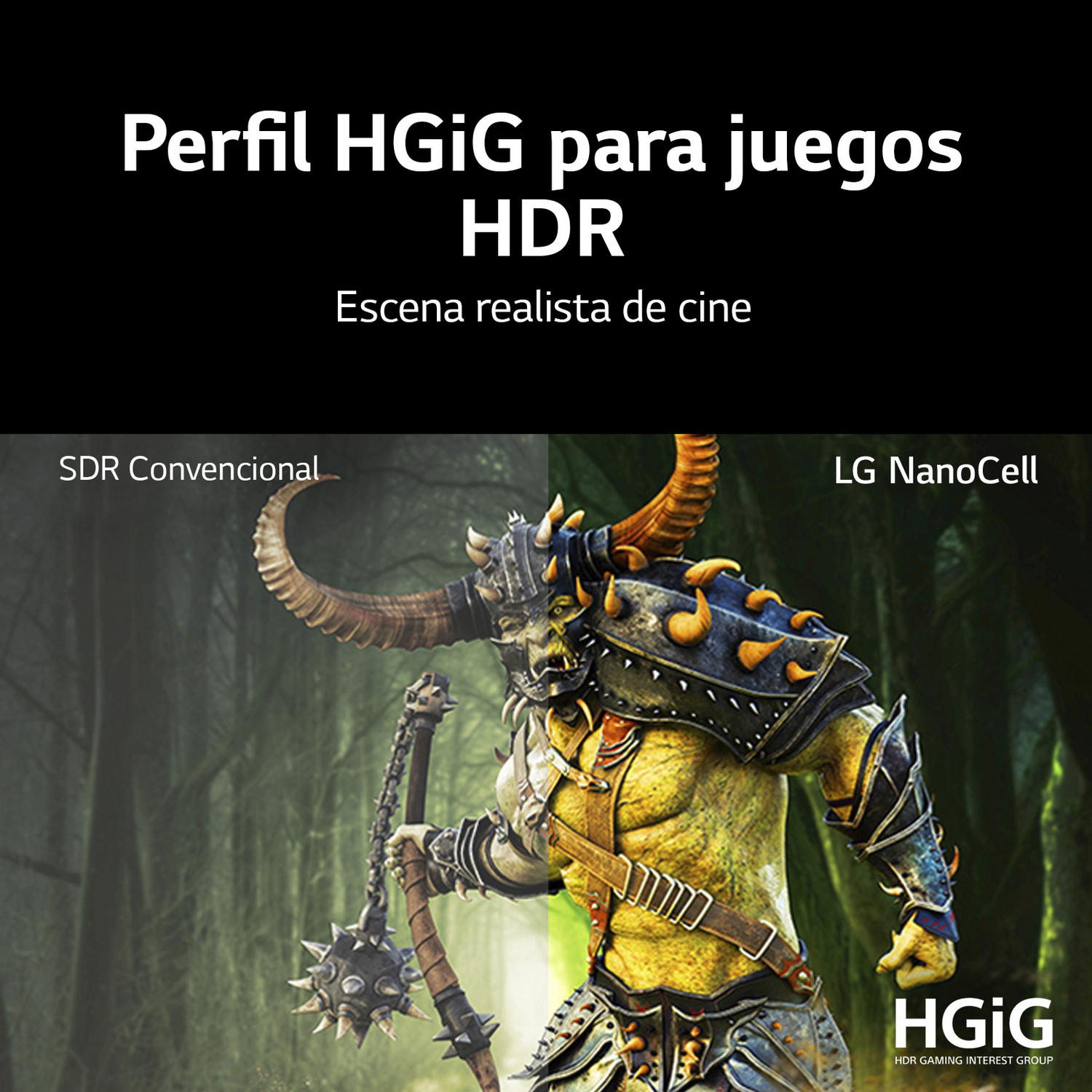 Imagen muestra un guerrero con armadura y maza. El texto promociona juegos HDR y LG NanoCell.