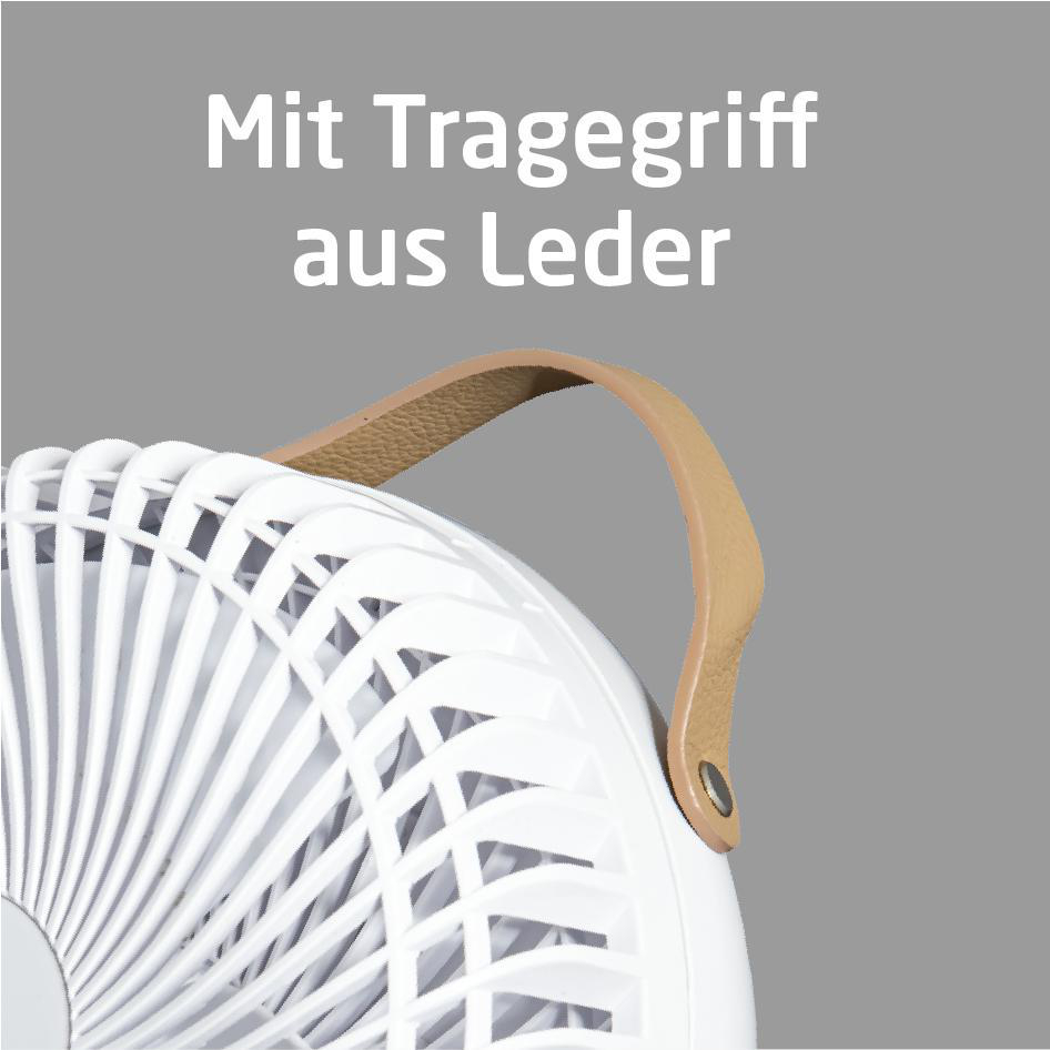 Nahaufnahme eines weißen Ventilators mit braunem Ledergriff. Der Griff ist oben.