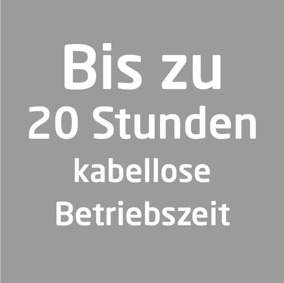 Ein graues Rechteck mit dem Text 'Bis zu 20 Stunden kabellose Betriebszeit'.