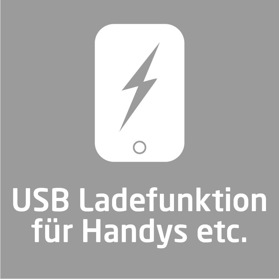 Bild mit Text: USB-Ladefunktion für Handys etc. auf grauem Hintergrund.