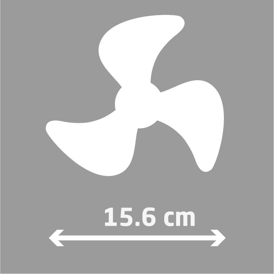 Weißes Propeller-Symbol auf grauem Hintergrund mit einer Messung von 15,6 cm und Pfeilen.