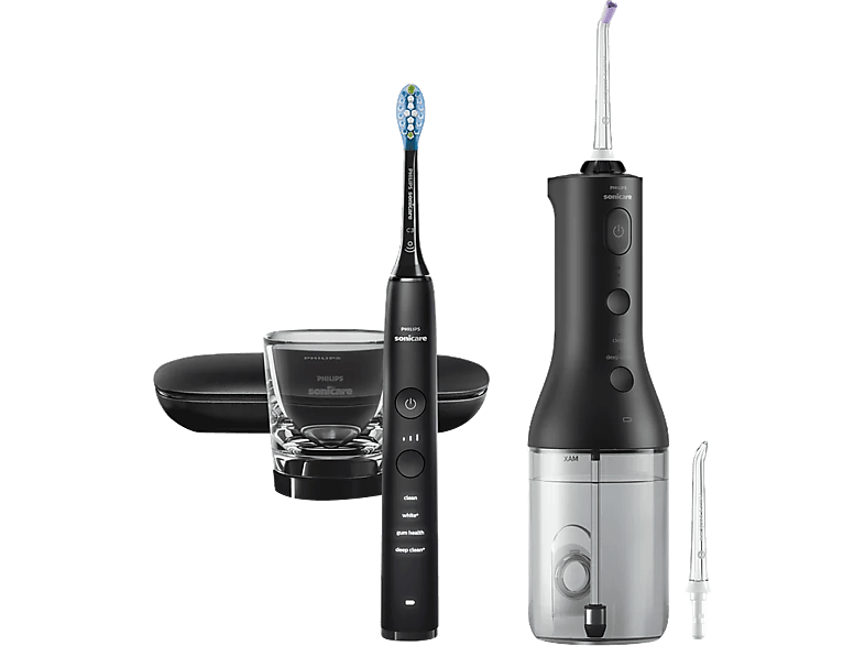 PHILIPS HX3866/43 Sonicare DiamondClean 9000 szónikus elektromos fogkefe és Power Flosser fogköztisztító, dupla csomag, fekete