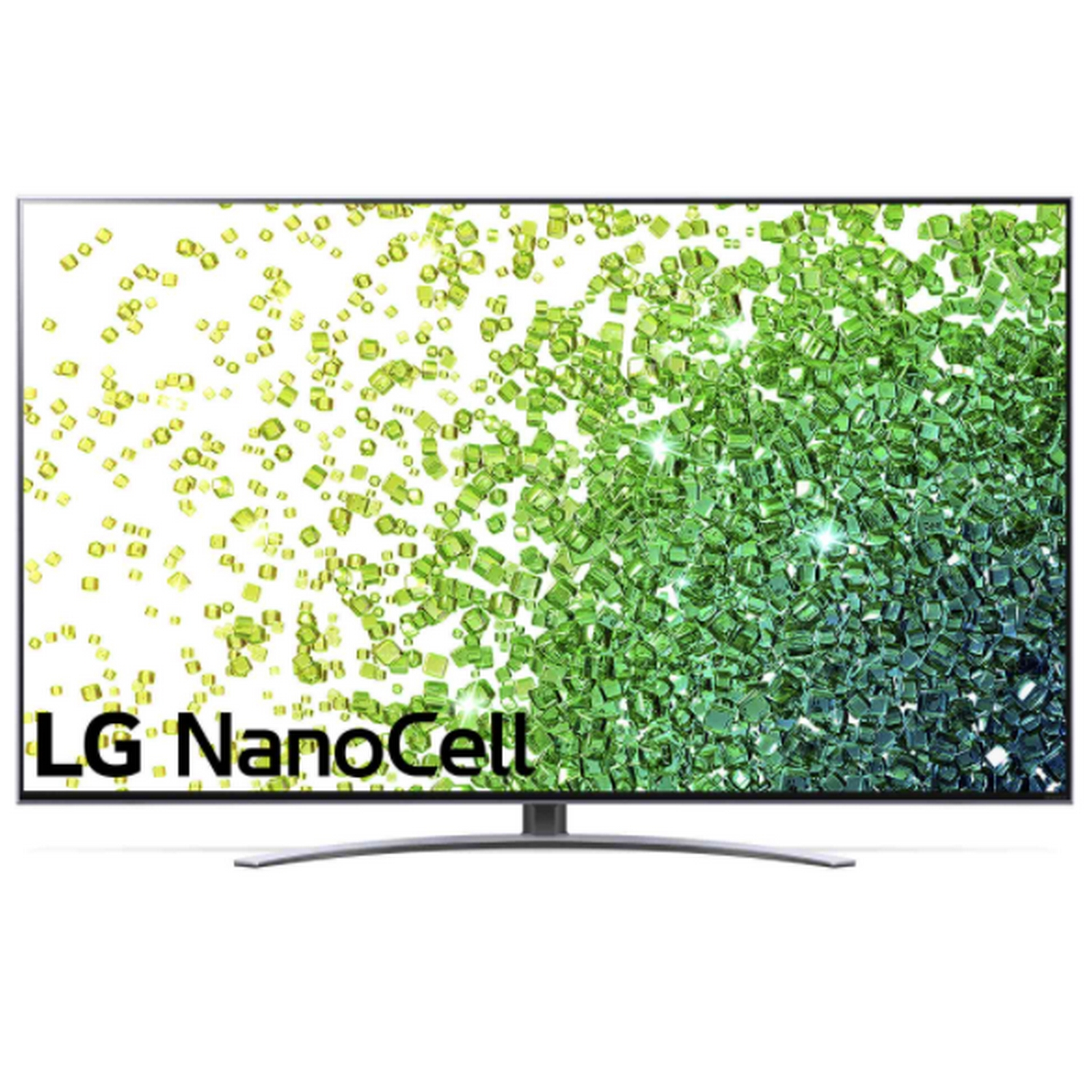 Una pantalla de TV LG NanoCell, que muestra un patrón abstracto verde y blanco. El televisor está en un soporte.