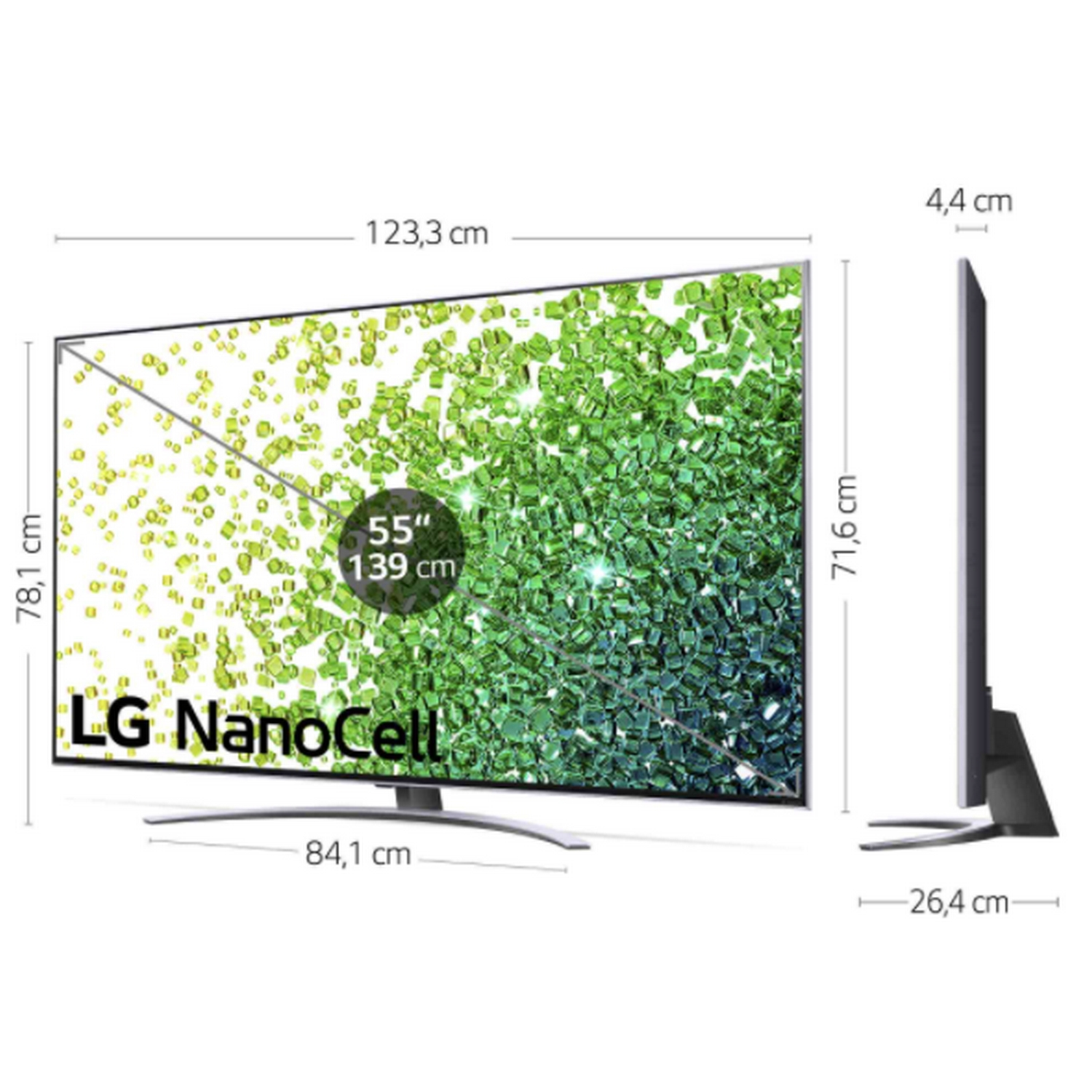 TV LG NanoCell mostrando formas coloridas. Medidas y dimensiones en la pantalla.