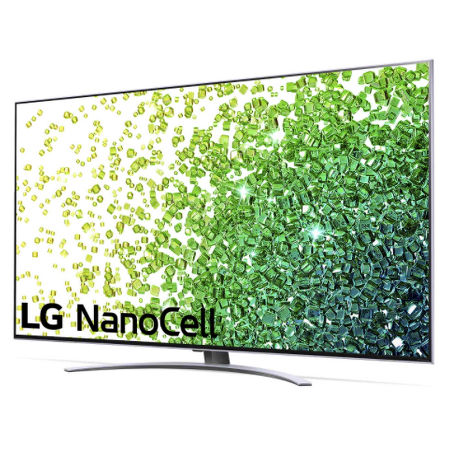Un televisor LG NanoCell muestra una escena abstracta colorida con formas verdes y blancas.