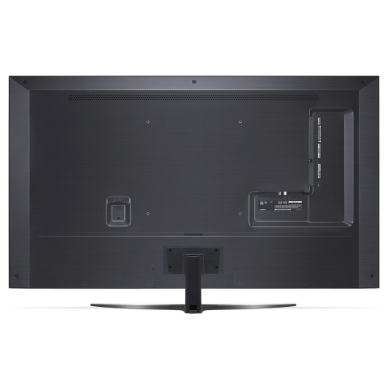 Se muestra la parte trasera de un televisor negro grande con soporte.
