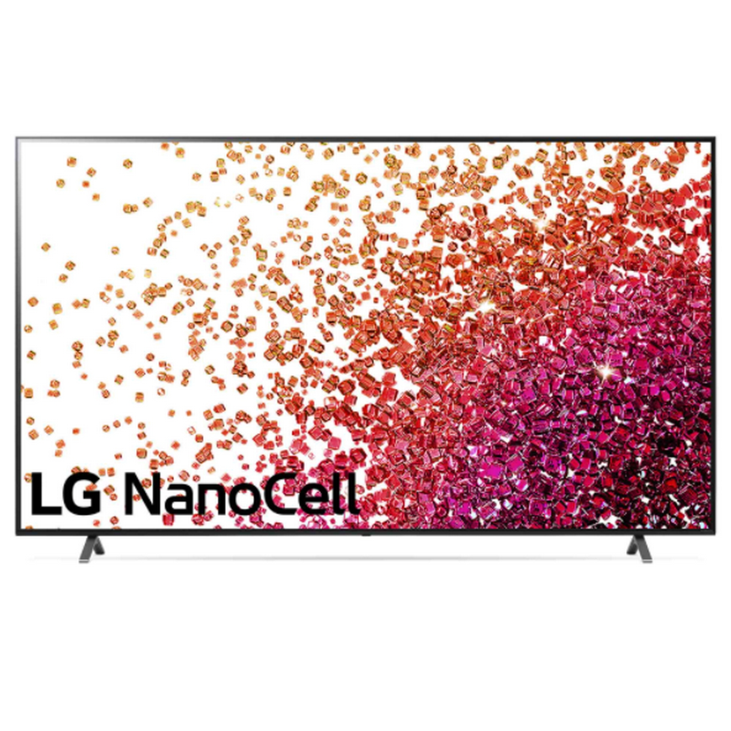 Un televisor LG NanoCell de pantalla plana grande, que muestra un patrón abstracto colorido.