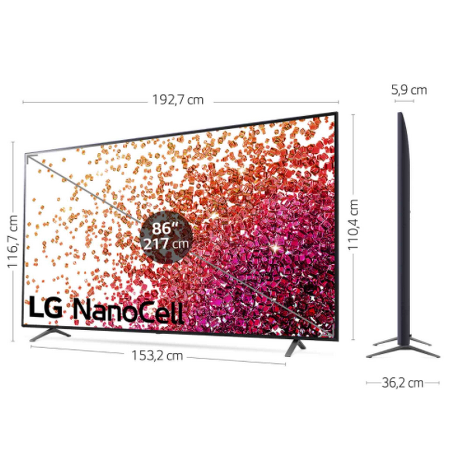 Pantalla de TV que muestra gráficos coloridos con dimensiones, y una vista lateral.