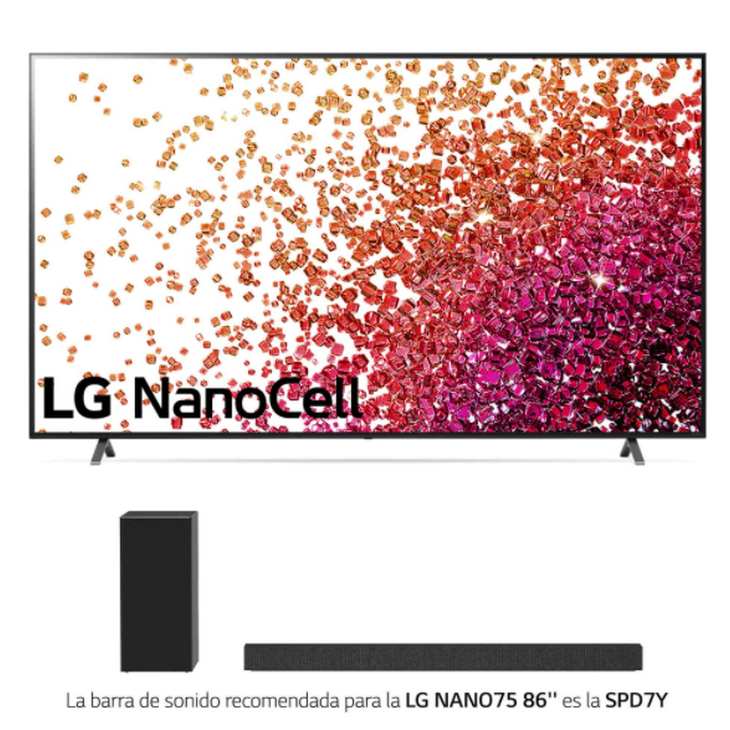 TV LG NanoCell con barra de sonido. TV muestra una imagen colorida. La barra de sonido es negra.