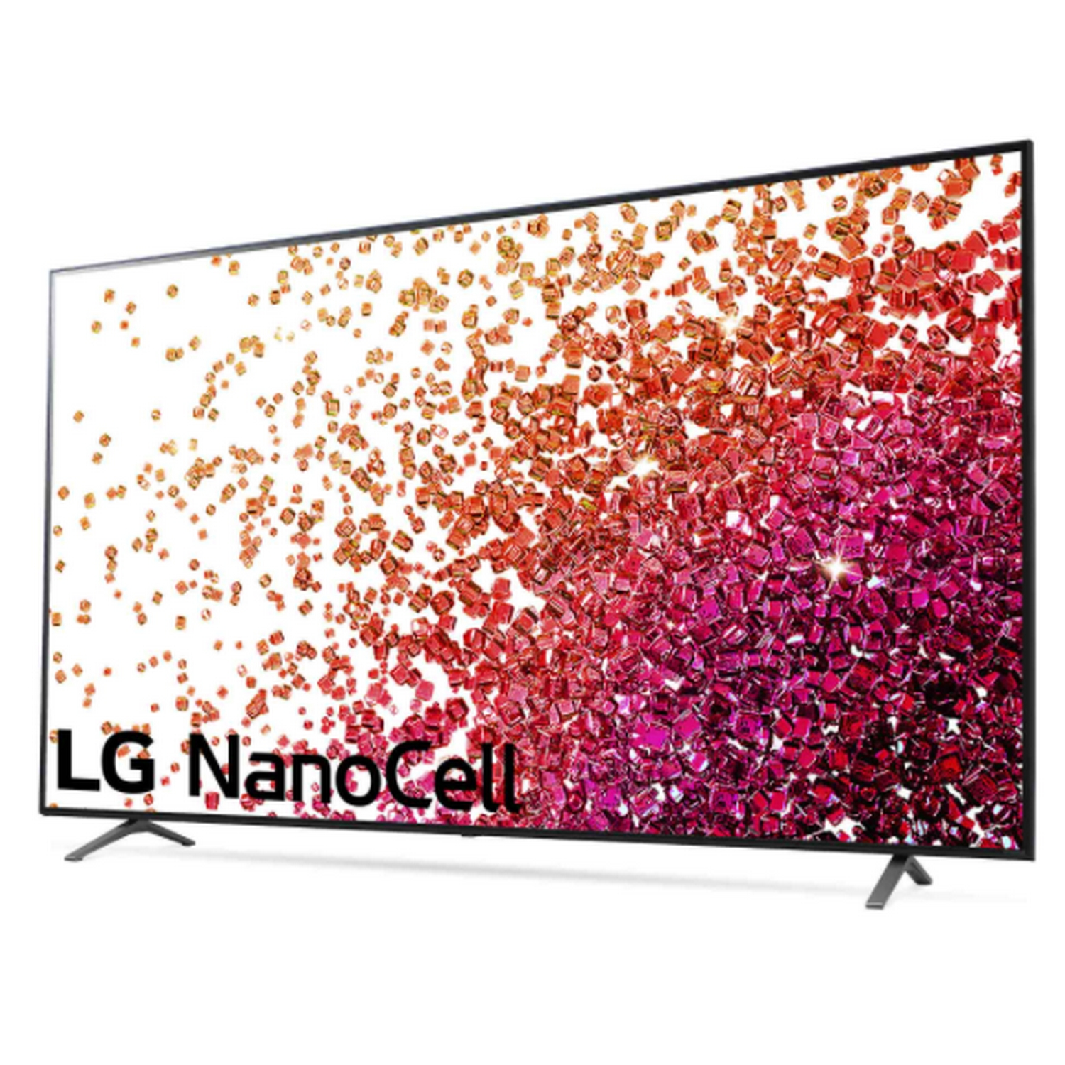 Gran televisor LG NanoCell mostrando un patrón abstracto colorido.