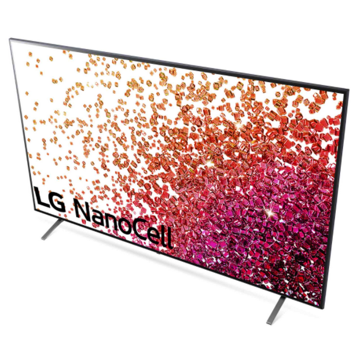 Televisor LG NanoCell con puntos coloridos en la pantalla, sobre un fondo blanco.