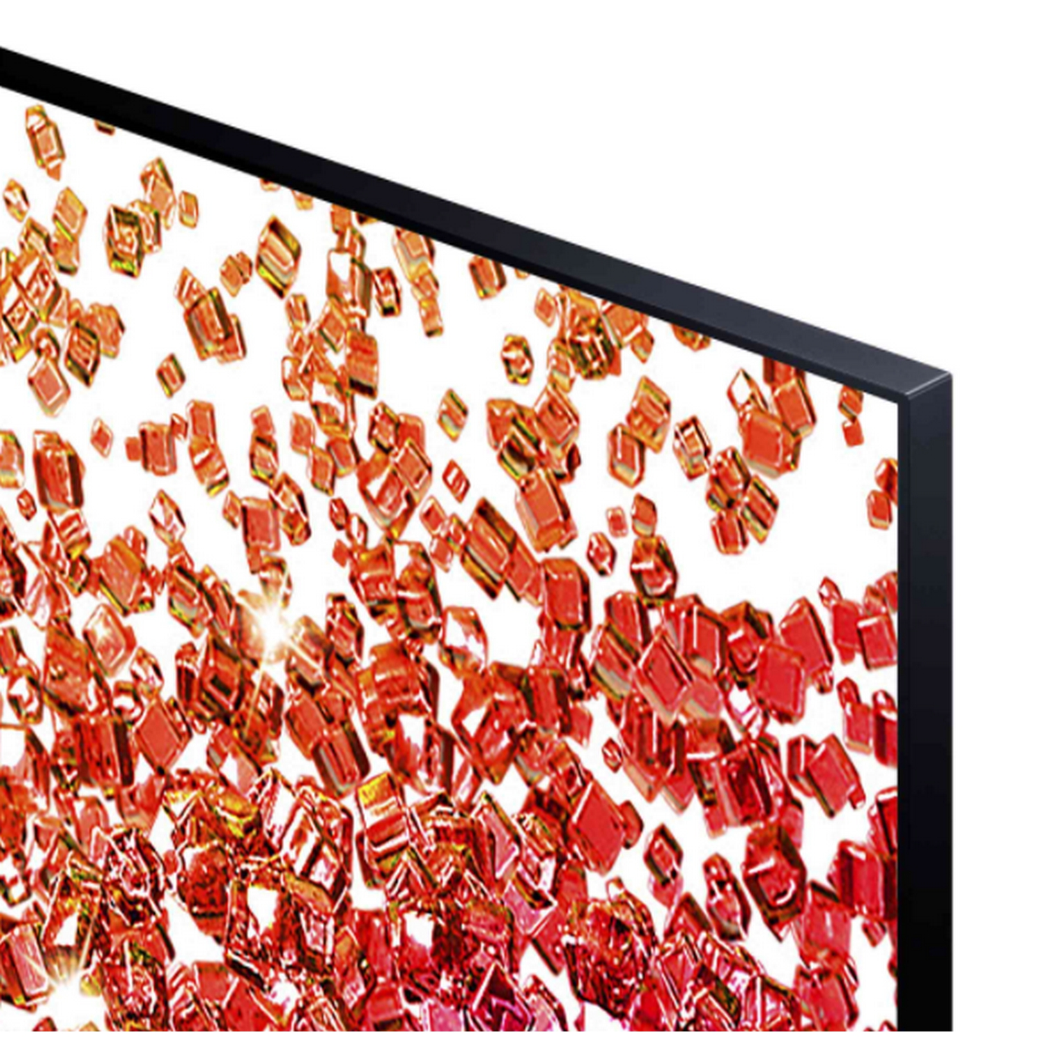 Primer plano de una pantalla de TV con cubos rojos y naranjas sobre fondo blanco.