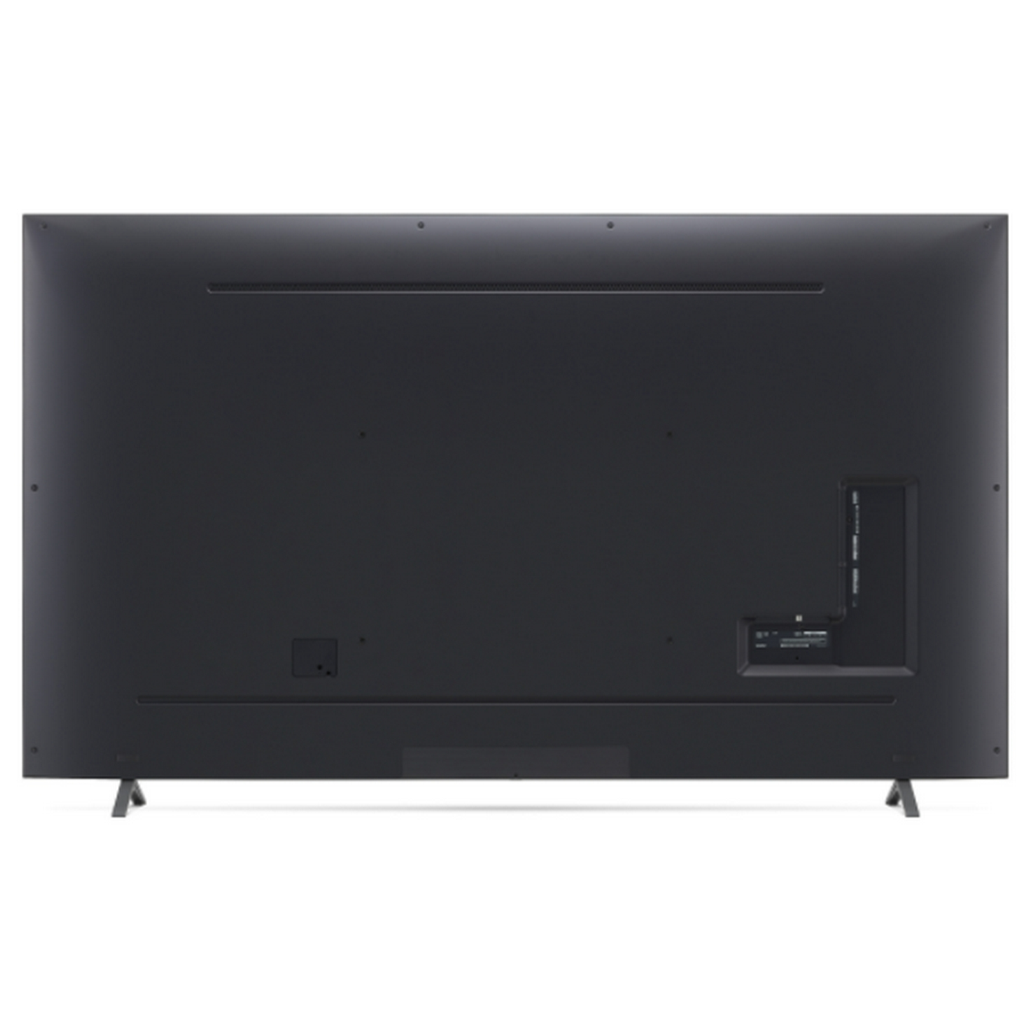 La parte trasera de un televisor negro grande con un soporte. Hay varios puertos y conexiones visibles.