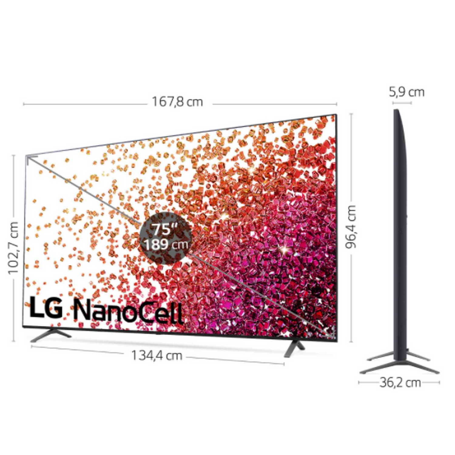 Un gran televisor LG NanoCell con dimensiones, mostrando una pantalla con partículas coloridas.