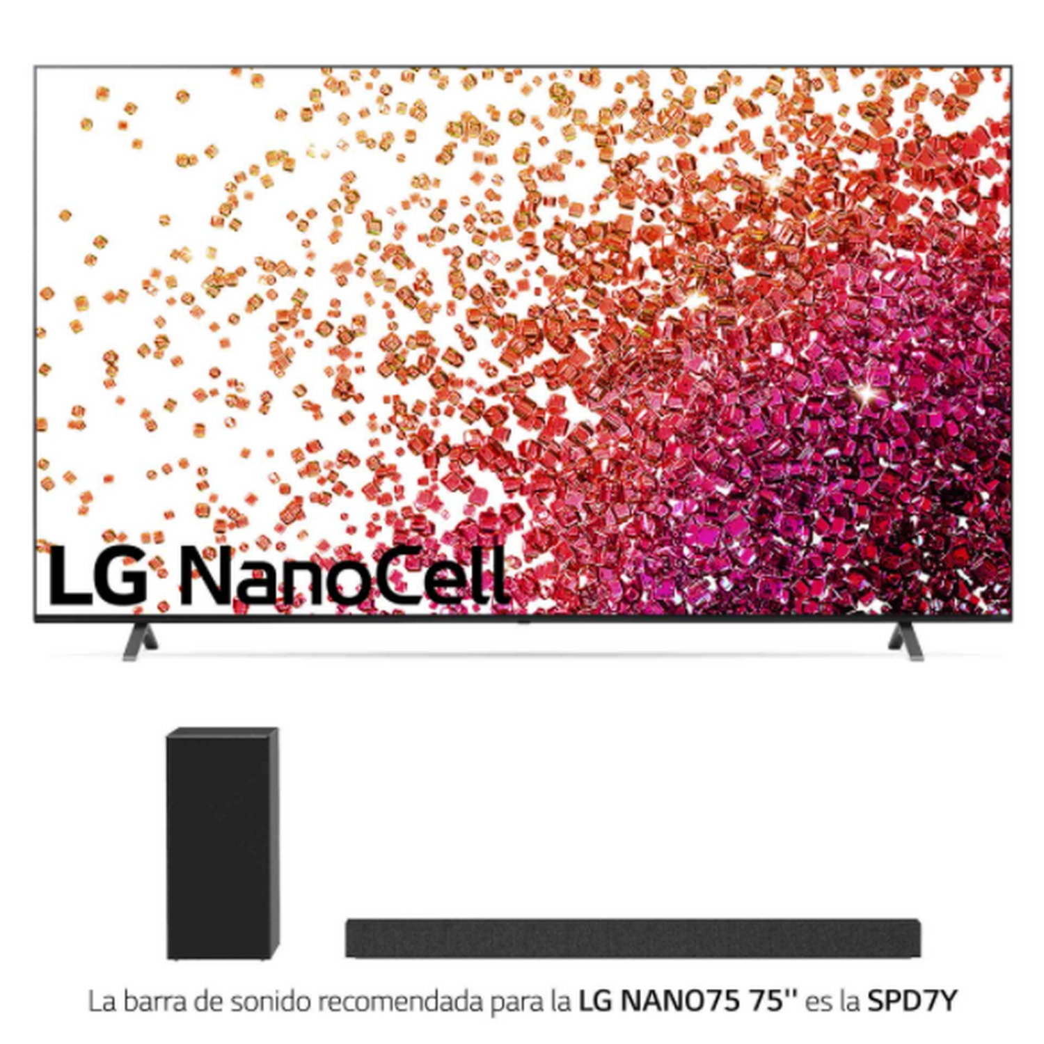 TV LG NanoCell con pantalla colorida, barra de sonido negra y texto en español.
