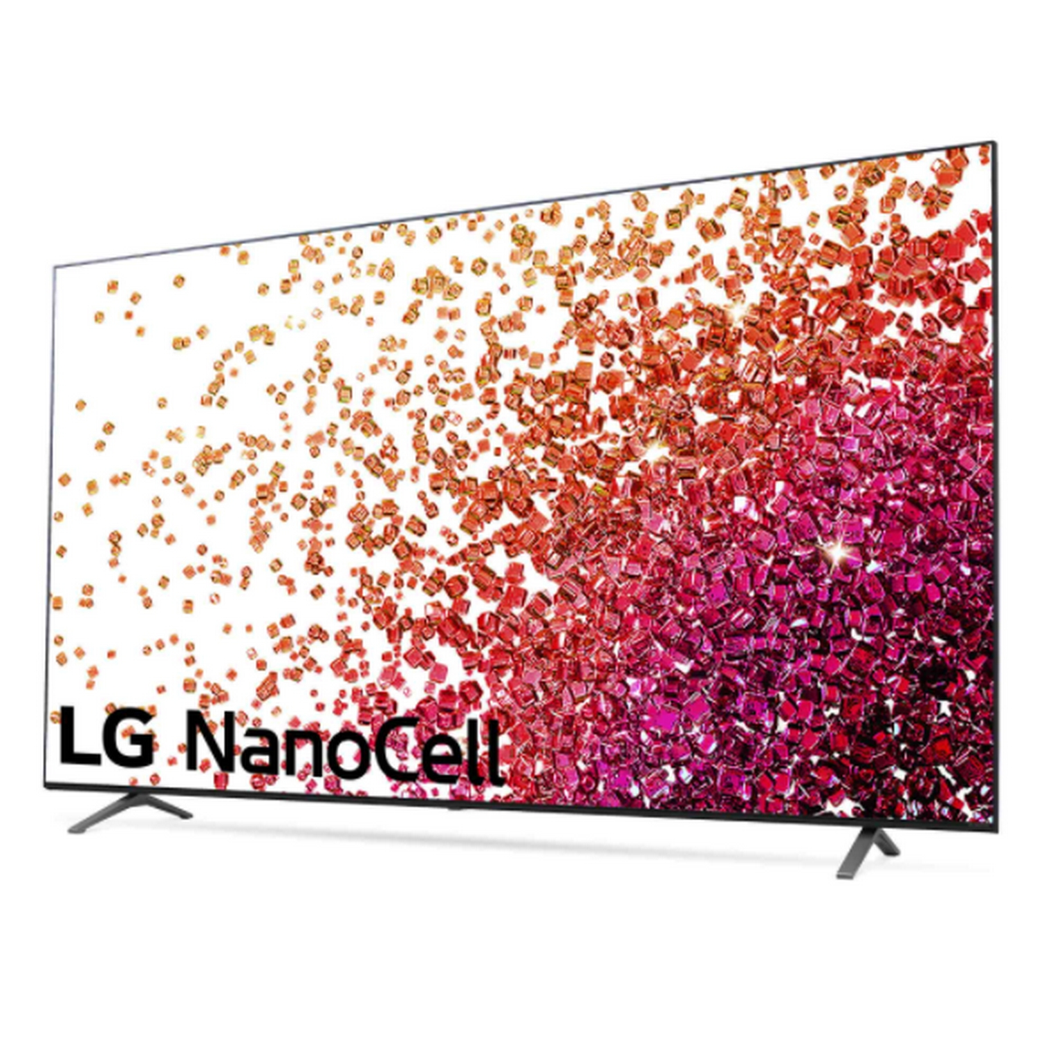 El televisor LG NanoCell muestra un patrón colorido. Tiene marco y soporte negros, sobre fondo blanco.