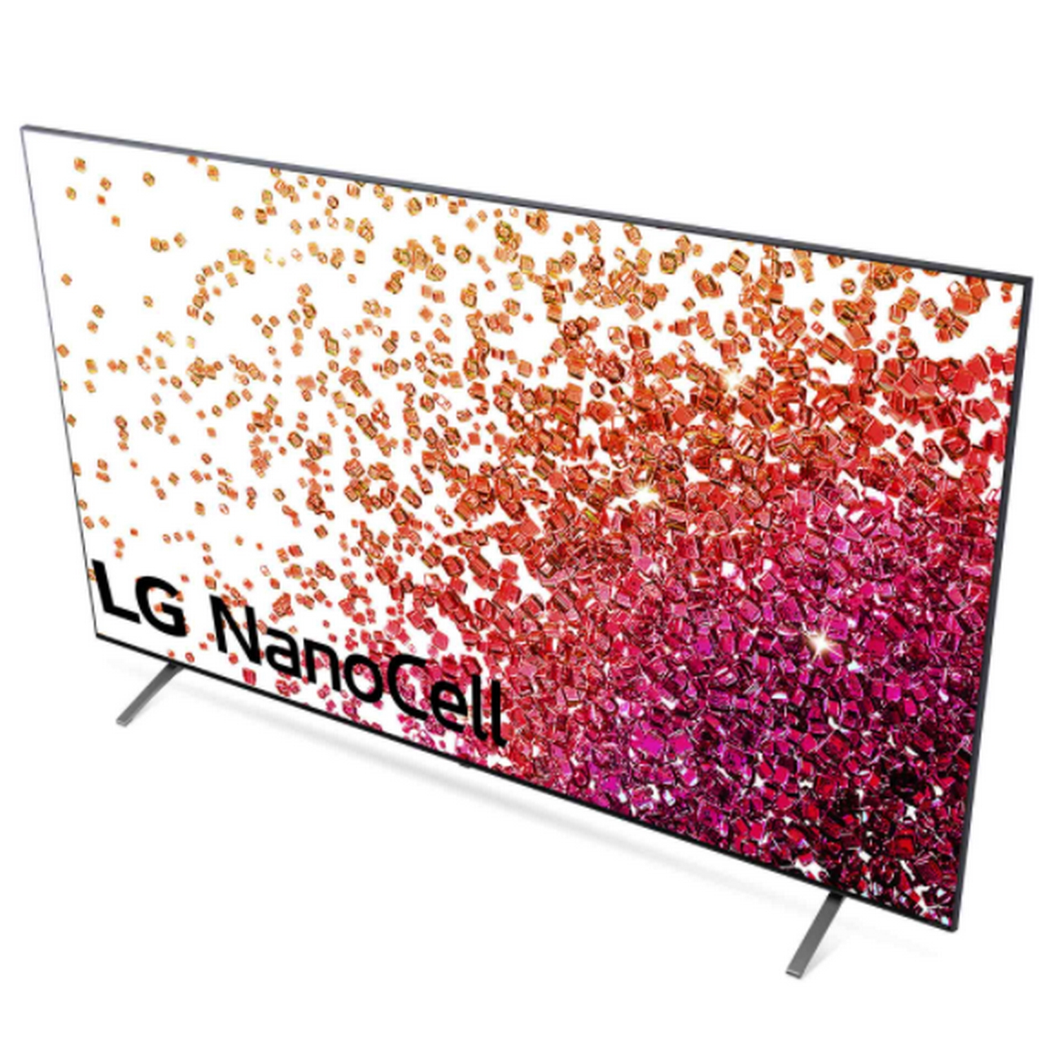 TV LG NanoCell, vista en ángulo, mostrando patrones abstractos coloridos, con soporte.