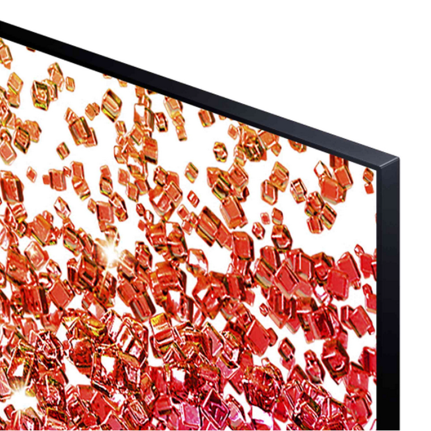Primer plano de pantalla de TV con formas abstractas rojas y naranjas sobre fondo blanco, marco negro.