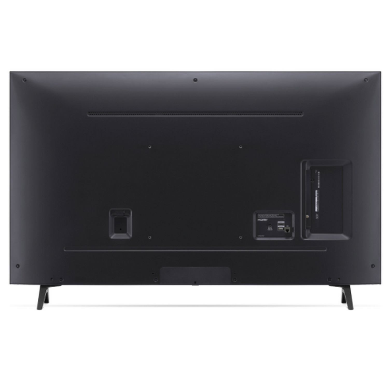 Parte trasera de un televisor negro. Tiene puertos y soportes. La superficie tiene un acabado texturizado y elegante.
