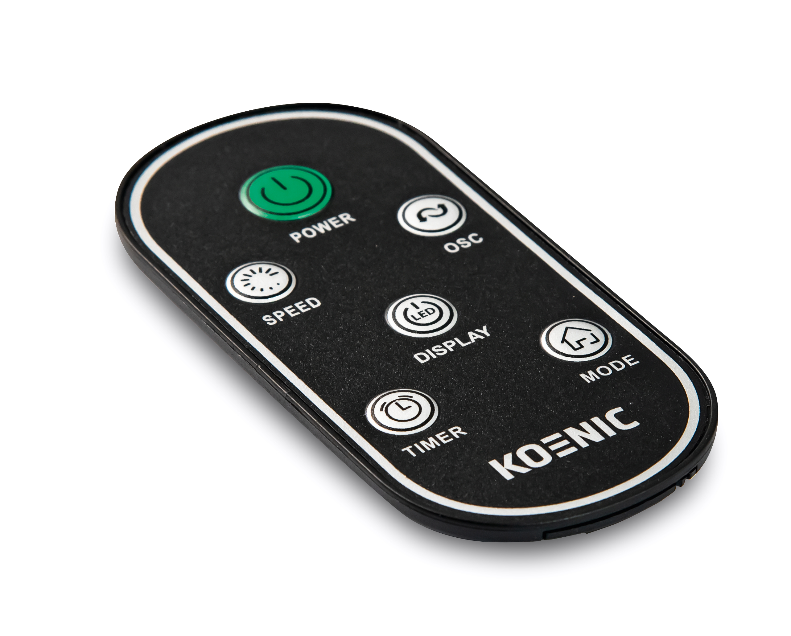 Eine schwarze Fernbedienung mit mehreren Tasten: Power, Speed, Timer und andere.