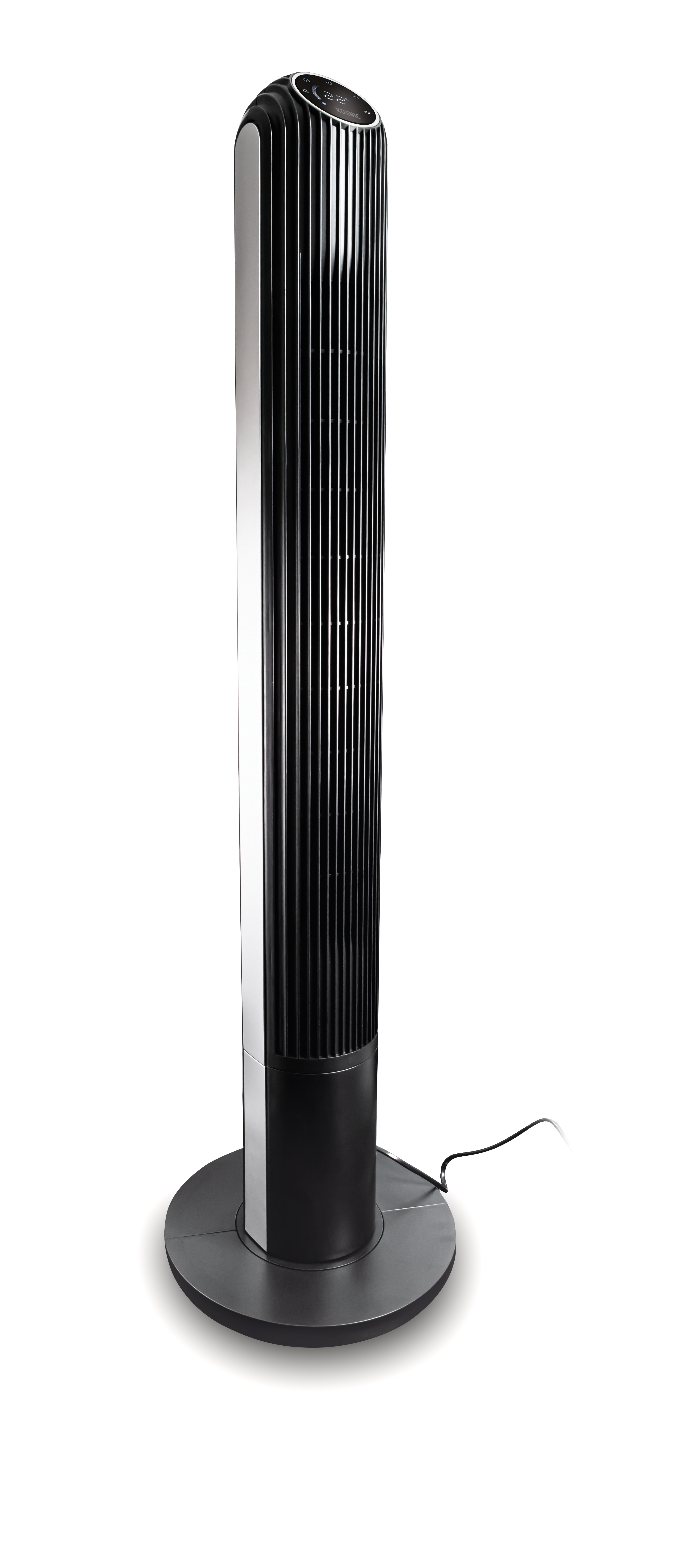 Schwarzer und silberner hoher Turmventilator mit rundem Sockel auf weißem Hintergrund.