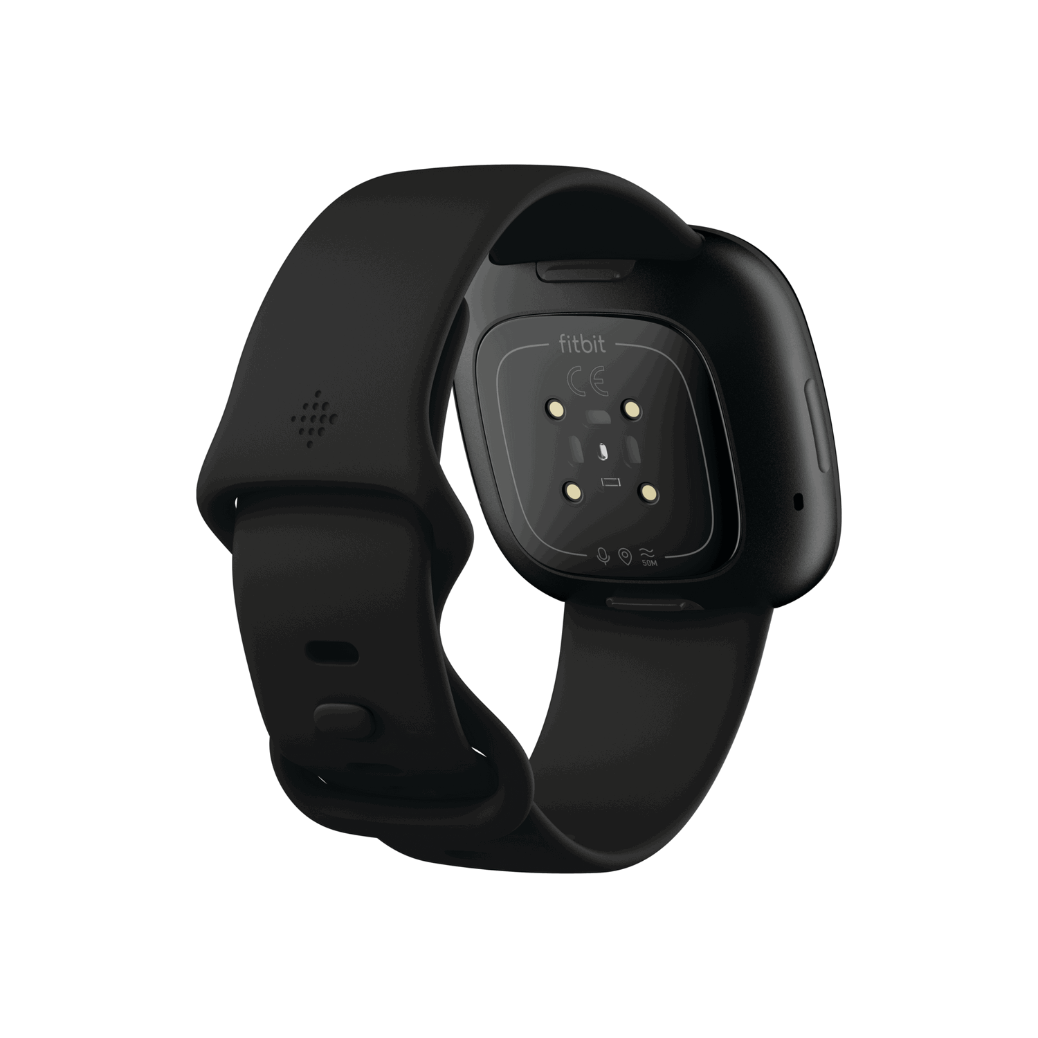 Un smartwatch Fitbit Versa negro, que muestra la parte inferior con sensores y el logotipo de Fitbit.