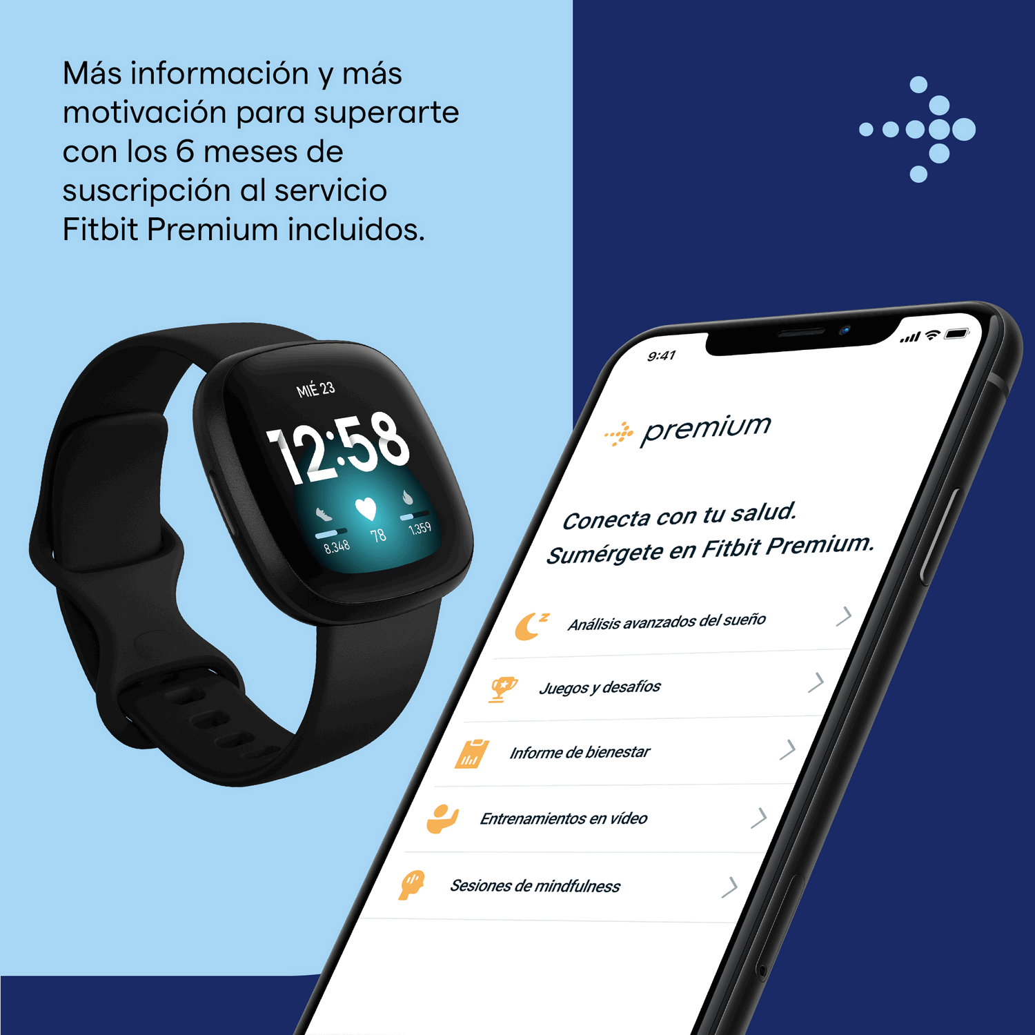 Smartwatch y teléfono mostrando funciones e información de Fitbit Premium.