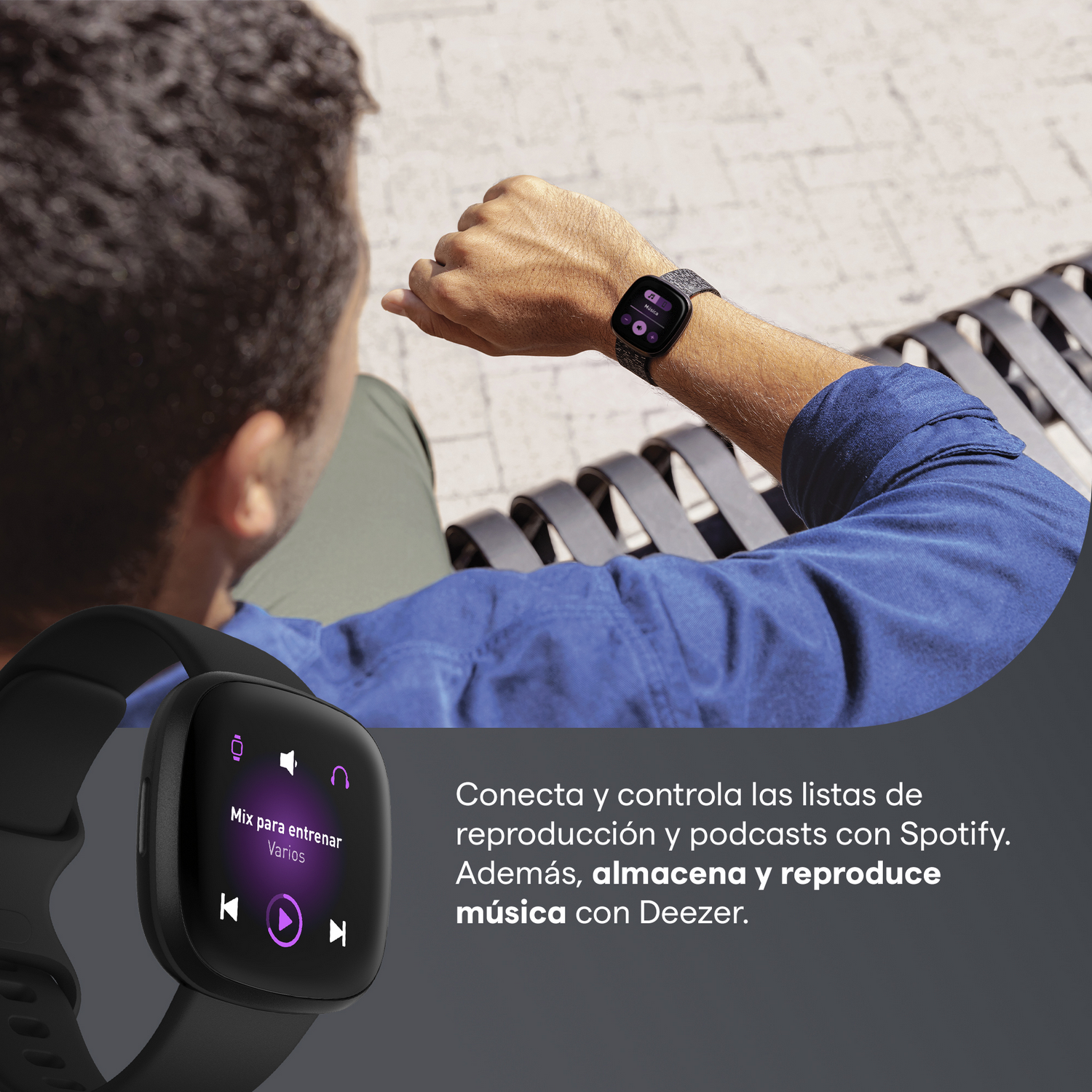 Una persona con un smartwatch. El reloj muestra controles de música. El fondo es un banco de parque.