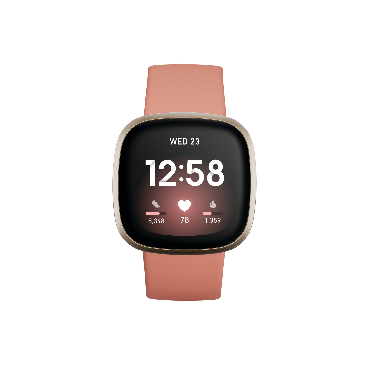 Smartwatch Fitbit Versa 3 color rosa que muestra la hora y métricas de salud sobre un fondo blanco.