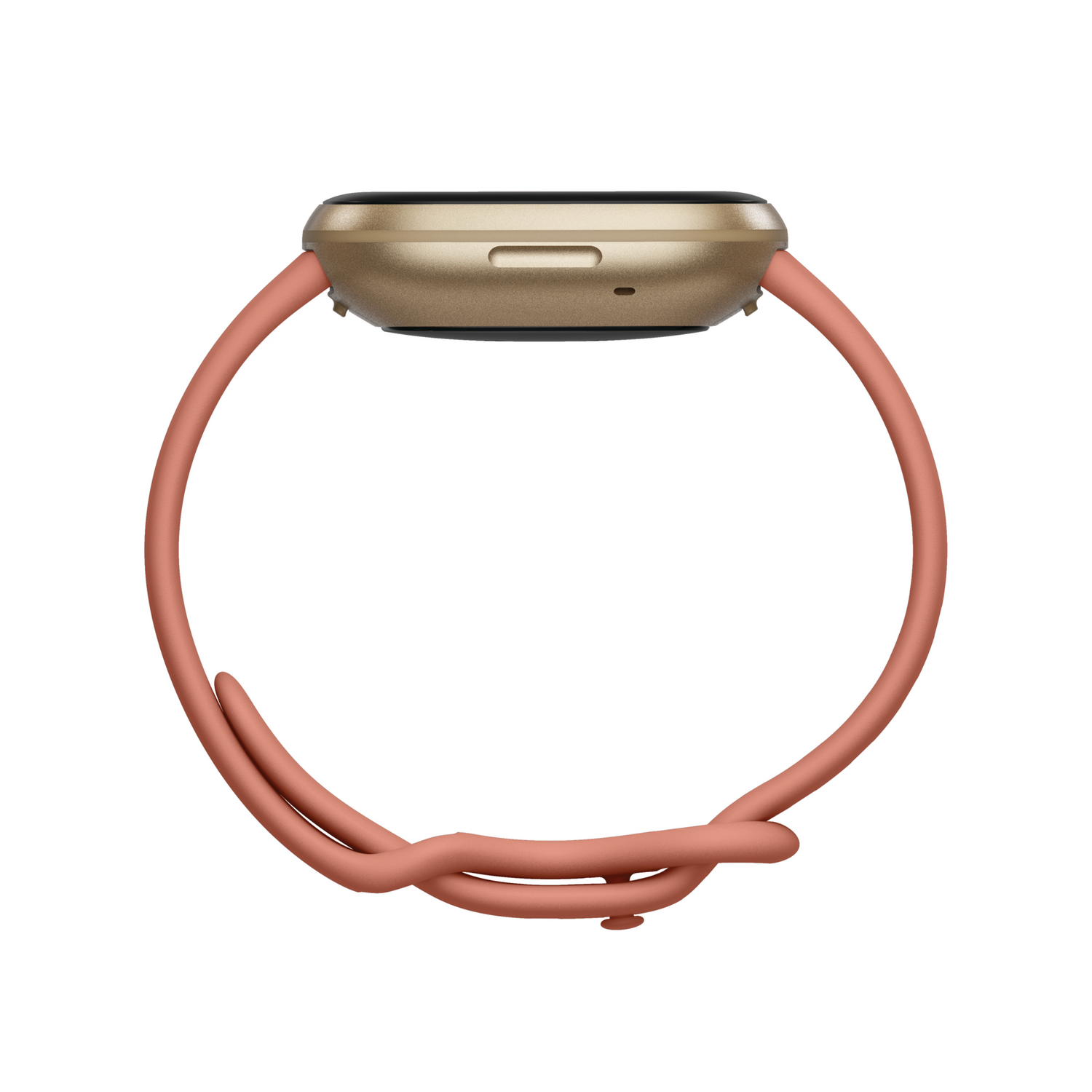 Un reloj inteligente dorado con una correa coral, visto de lado. La correa está en bucle.
