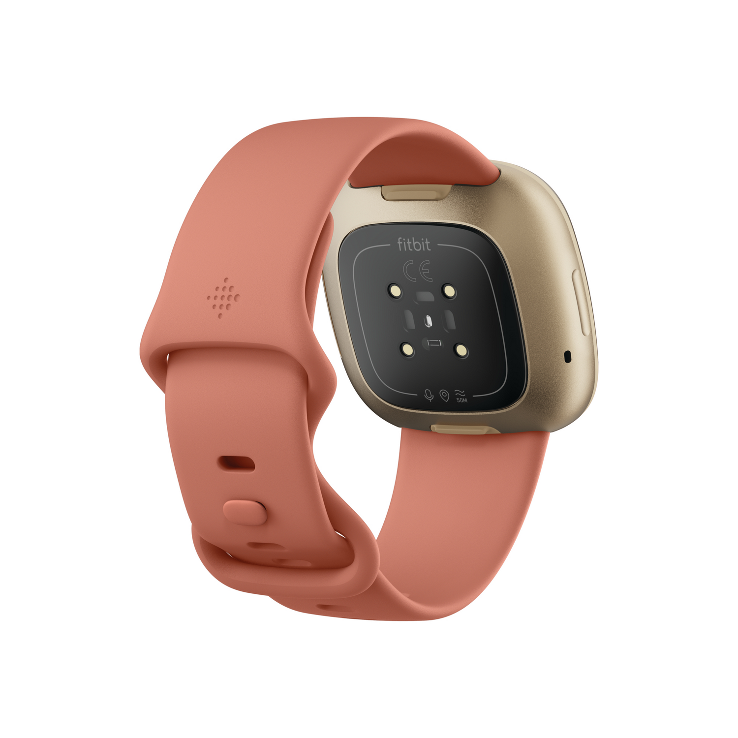 Un reloj inteligente con correa rosa, vista trasera.