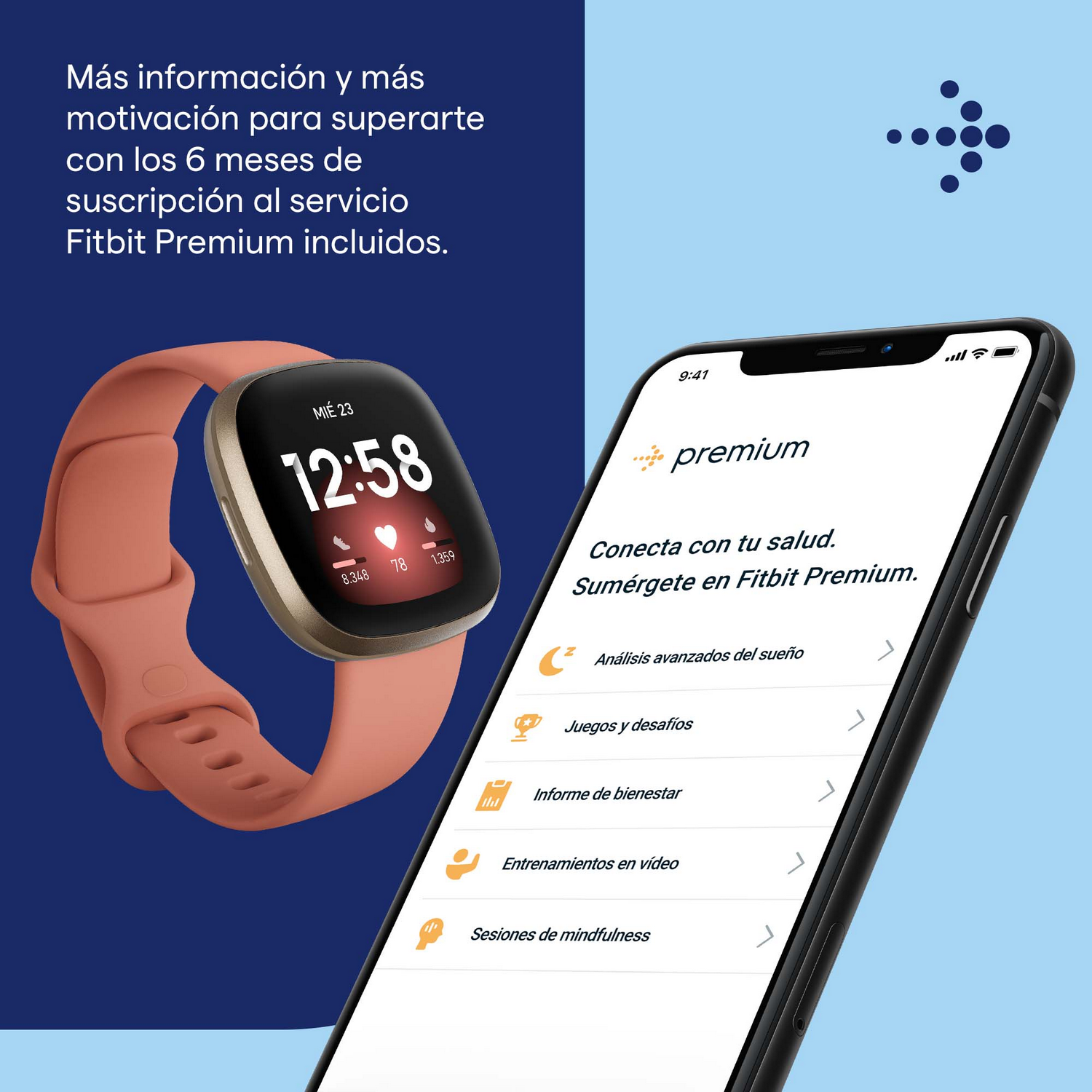 Reloj Fitbit con banda melocotón, mostrando hora y métricas de salud, sobre fondo azul con texto.