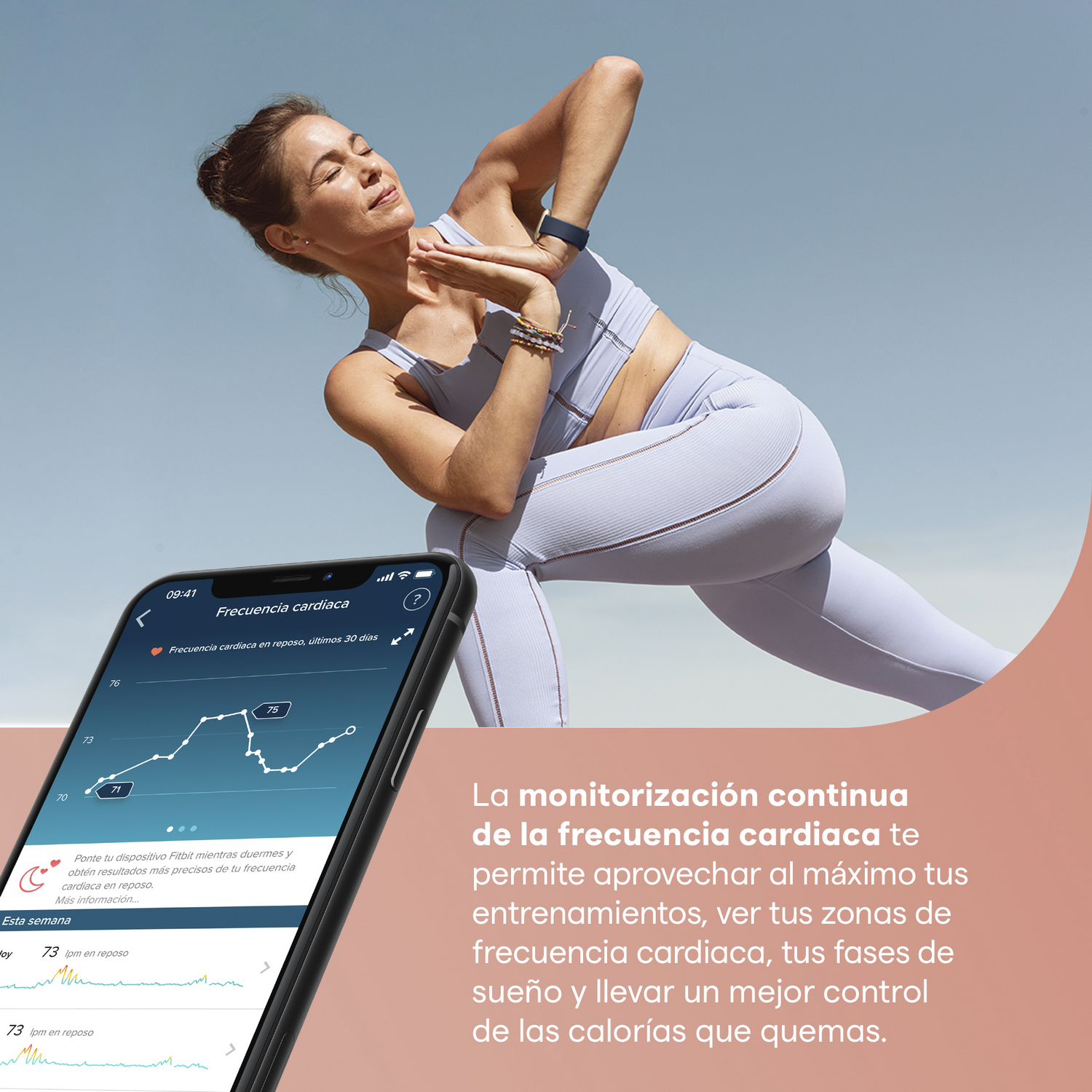 Mujer en pose de yoga, mirando un teléfono que muestra datos de frecuencia cardíaca. Texto sobre la frecuencia cardíaca.