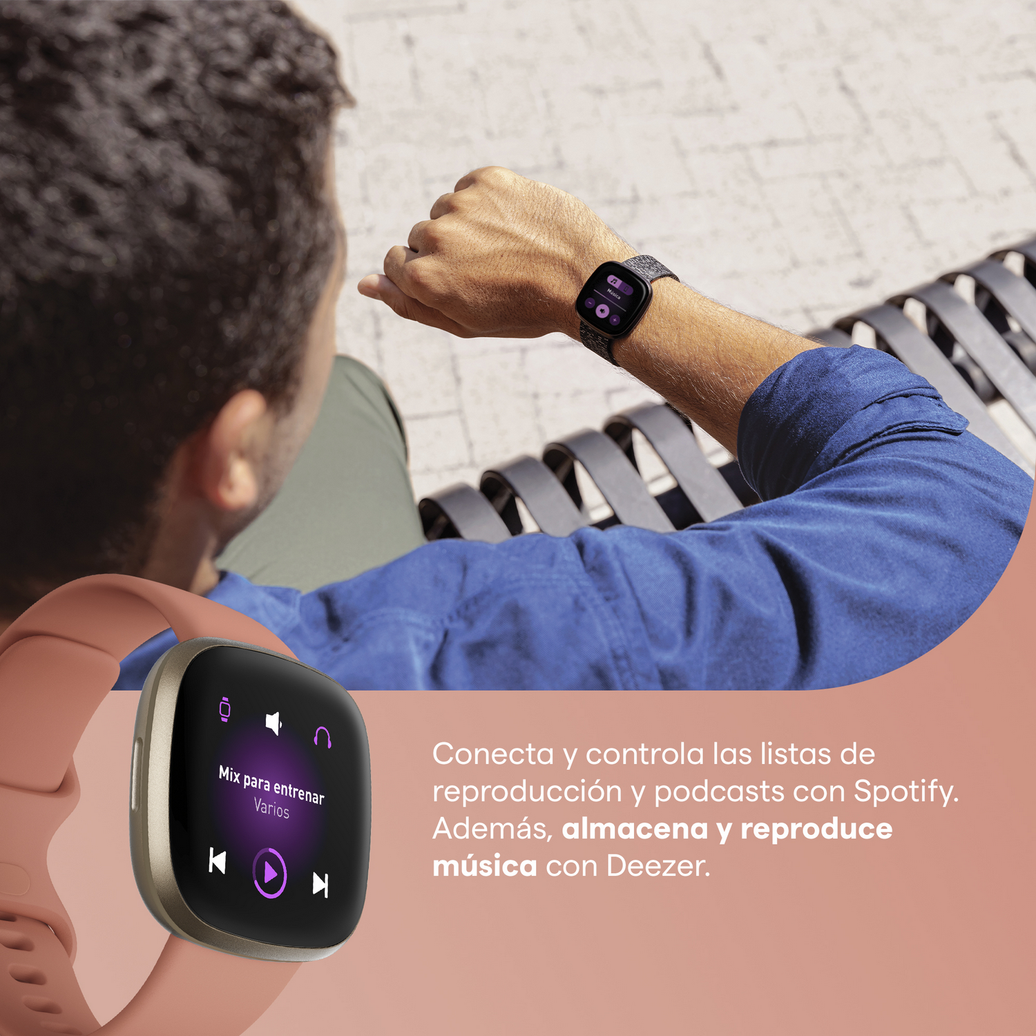 Una persona usando un reloj inteligente, también es visible una correa rosa. El reloj muestra info.
