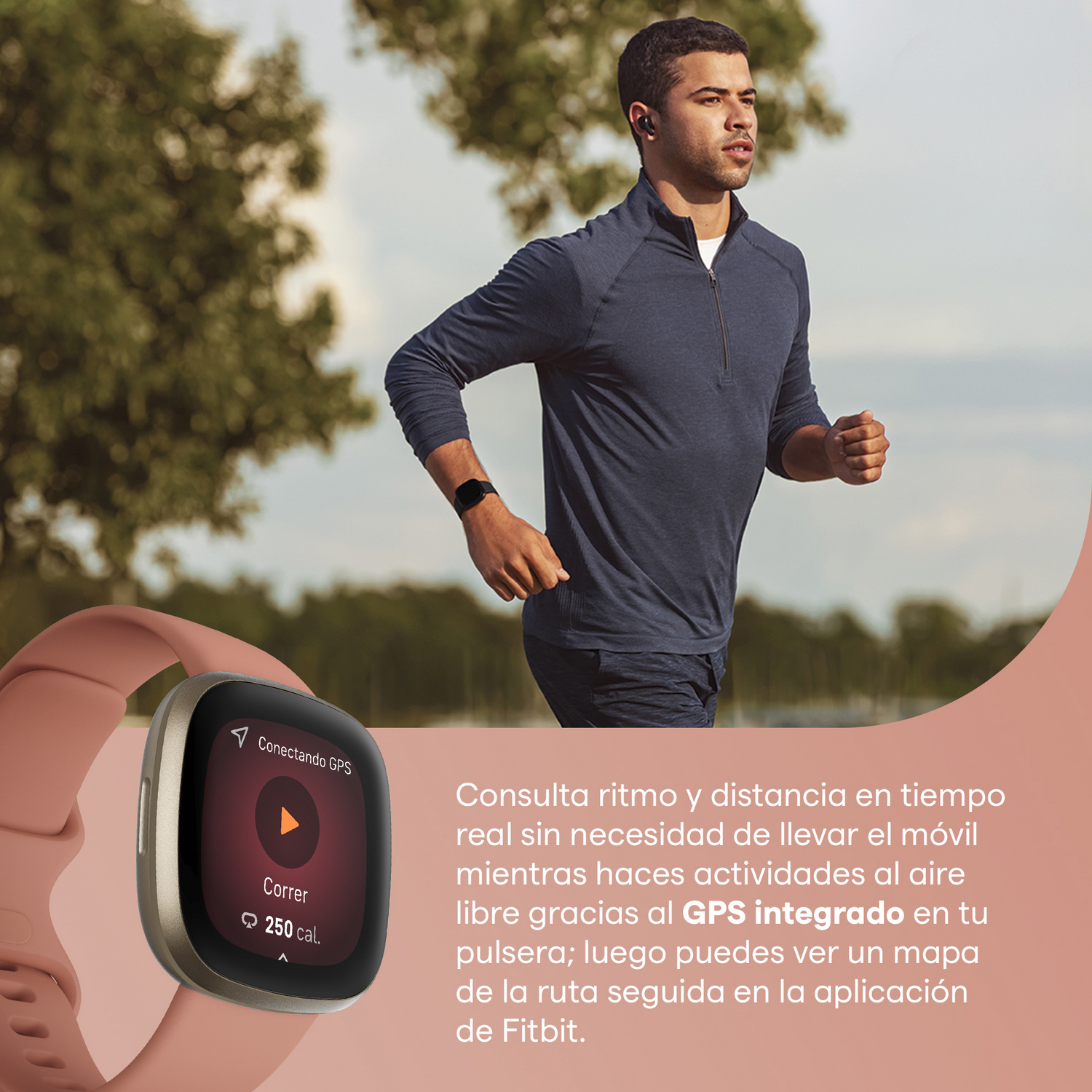 Un hombre corriendo con un smartwatch que muestra datos GPS y texto en español.