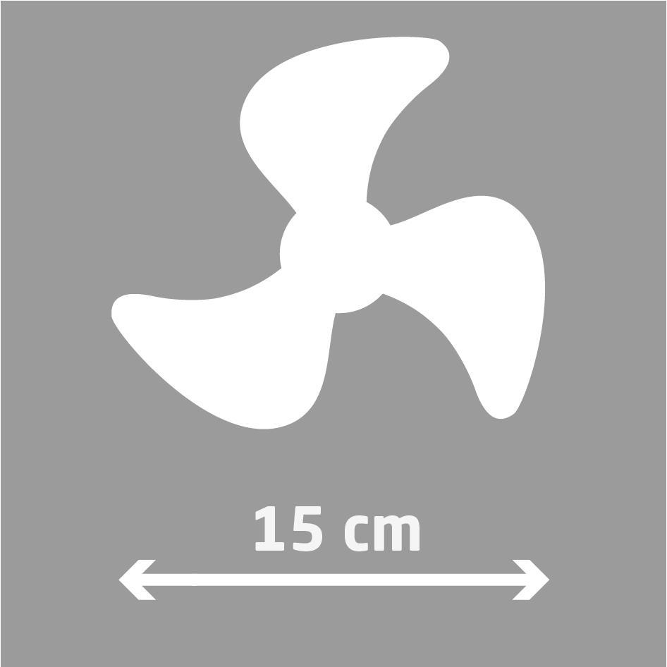 Ein weißes Propellersymbol mit drei Blättern und ein 15 cm Messpfeil darunter. Grauer Hintergrund.