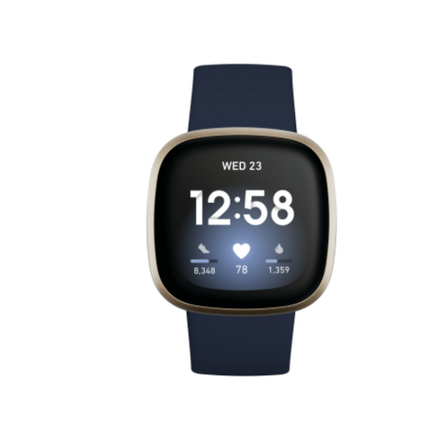 Smartwatch con pantalla negra que muestra la hora y las estadísticas. Caja dorada, correa azul oscuro, fondo blanco.