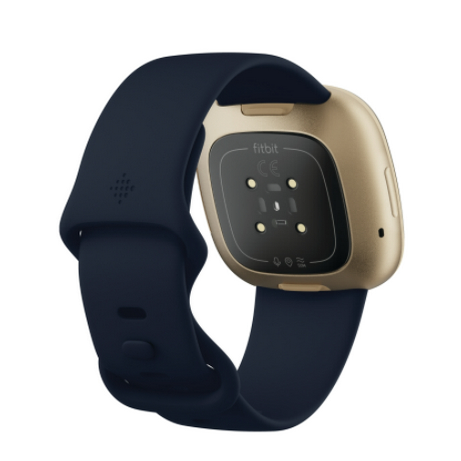 Un reloj inteligente Fitbit Versa, con la parte trasera del reloj y parte de la correa visibles.