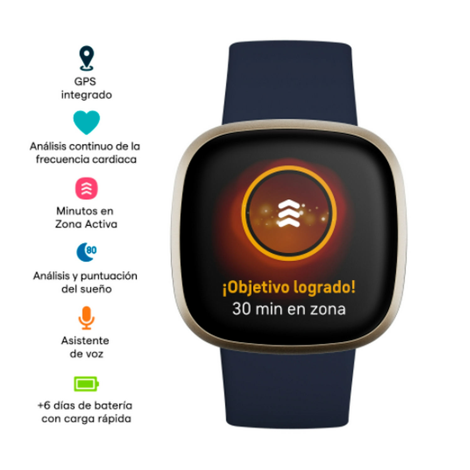 Reloj inteligente con correa azul que muestra un círculo rojo con flechas blancas, texto: '¡Objetivo logrado! 30 min en zona'.