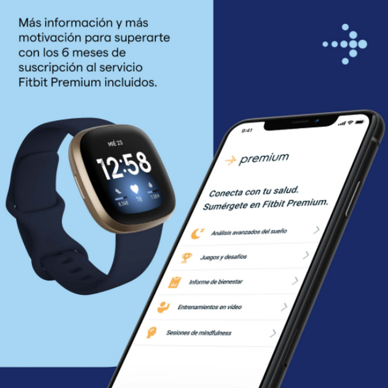 Un smartwatch y un smartphone, promocionando los servicios de Fitbit Premium.